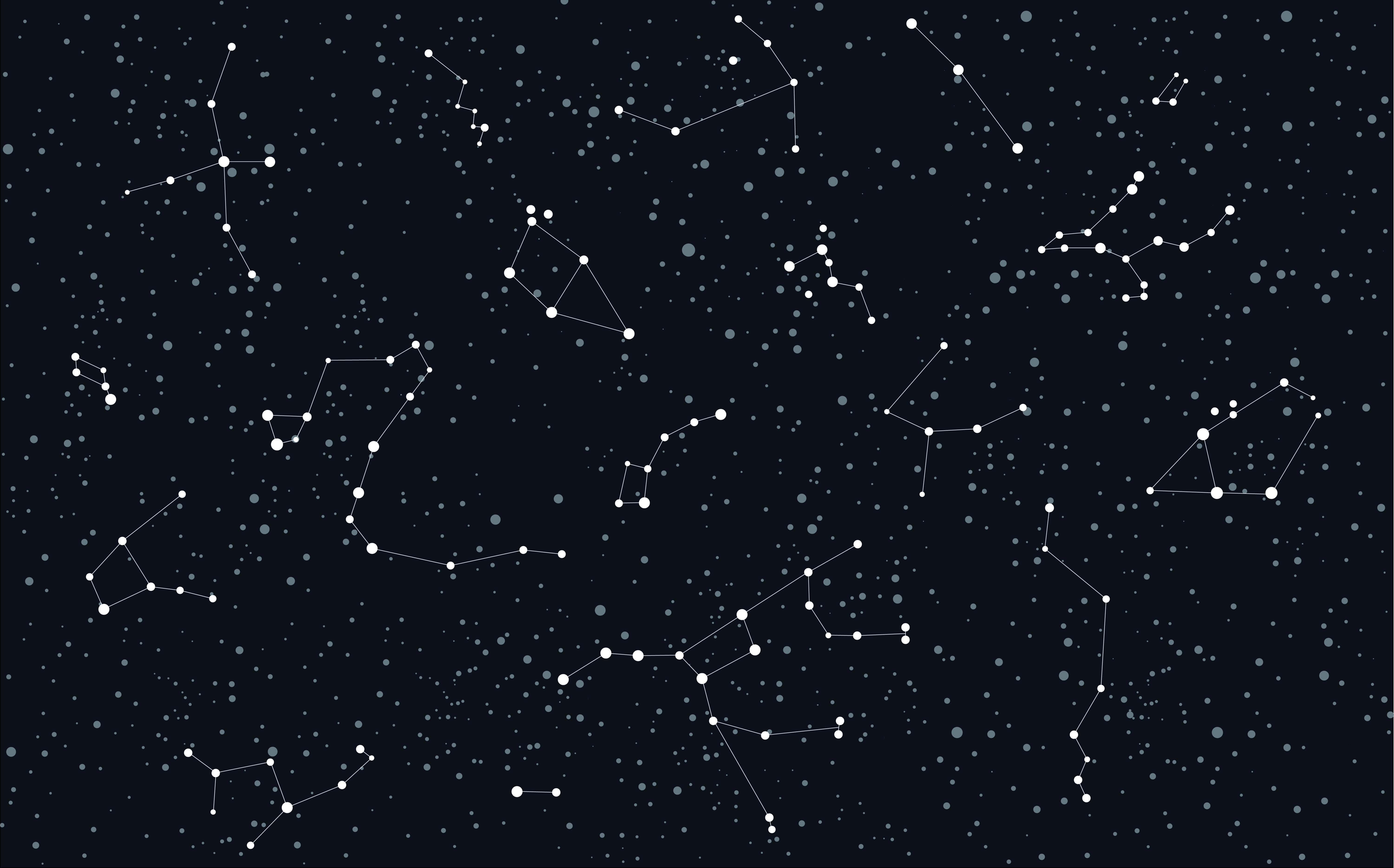 Constellations 桌布 壁紙 — 一個繁星點點的夜空，充滿了發光的白色星星，由線條連接形成各種星座，背景是深藍色。