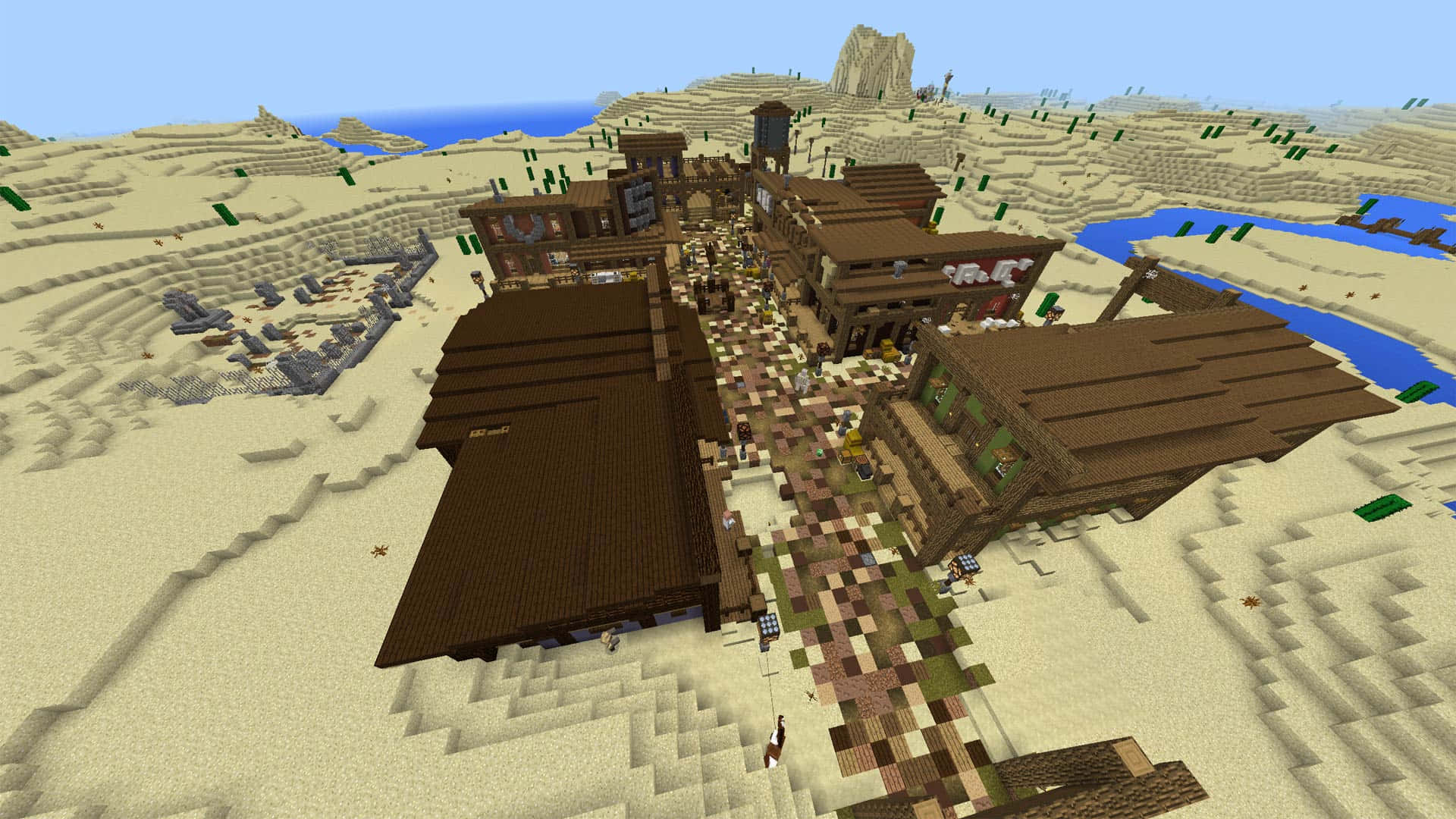 Minecraft Pocket Edition 桌布 壁紙 — 一個繁華的Minecraft沙漠小鎮，擁有木製建築和棋盤格小路，周圍環繞著沙丘和河流。