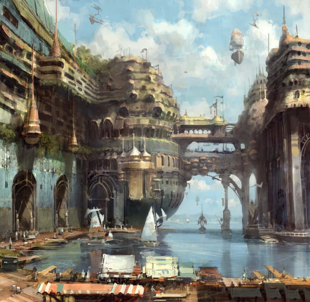 Conceptual Art 桌布 壁紙 — 一個繁華的蒸氣龐克城市景觀，有漂浮的飛船和華麗的建築物，從充滿帆船的運河中升起，在明亮的藍天下。