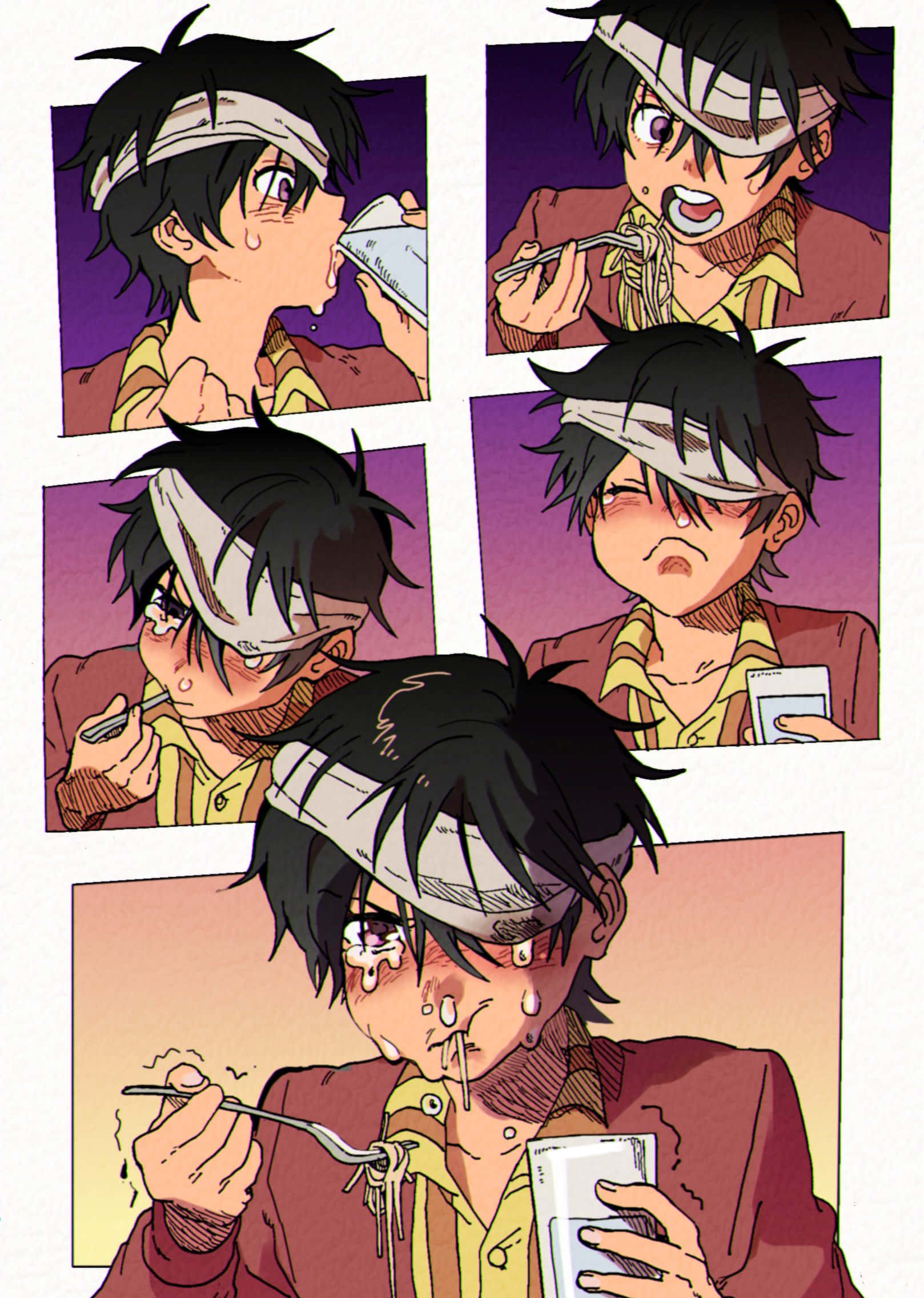 Narancia Ghirga 桌布 壁紙 — 一個繃帶纏頭的漫畫風格動漫角色，一邊哭泣流汗一邊狼吞虎嚥地吃麵。