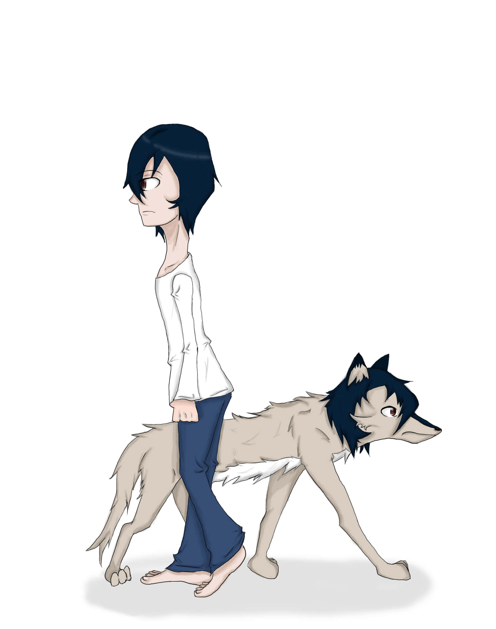 Wolf Children 桌布 壁紙 — 一個纖細的動漫風格人物，深色頭髮，赤腳走在純白色背景前，旁邊有一隻毛尖深色的狼。