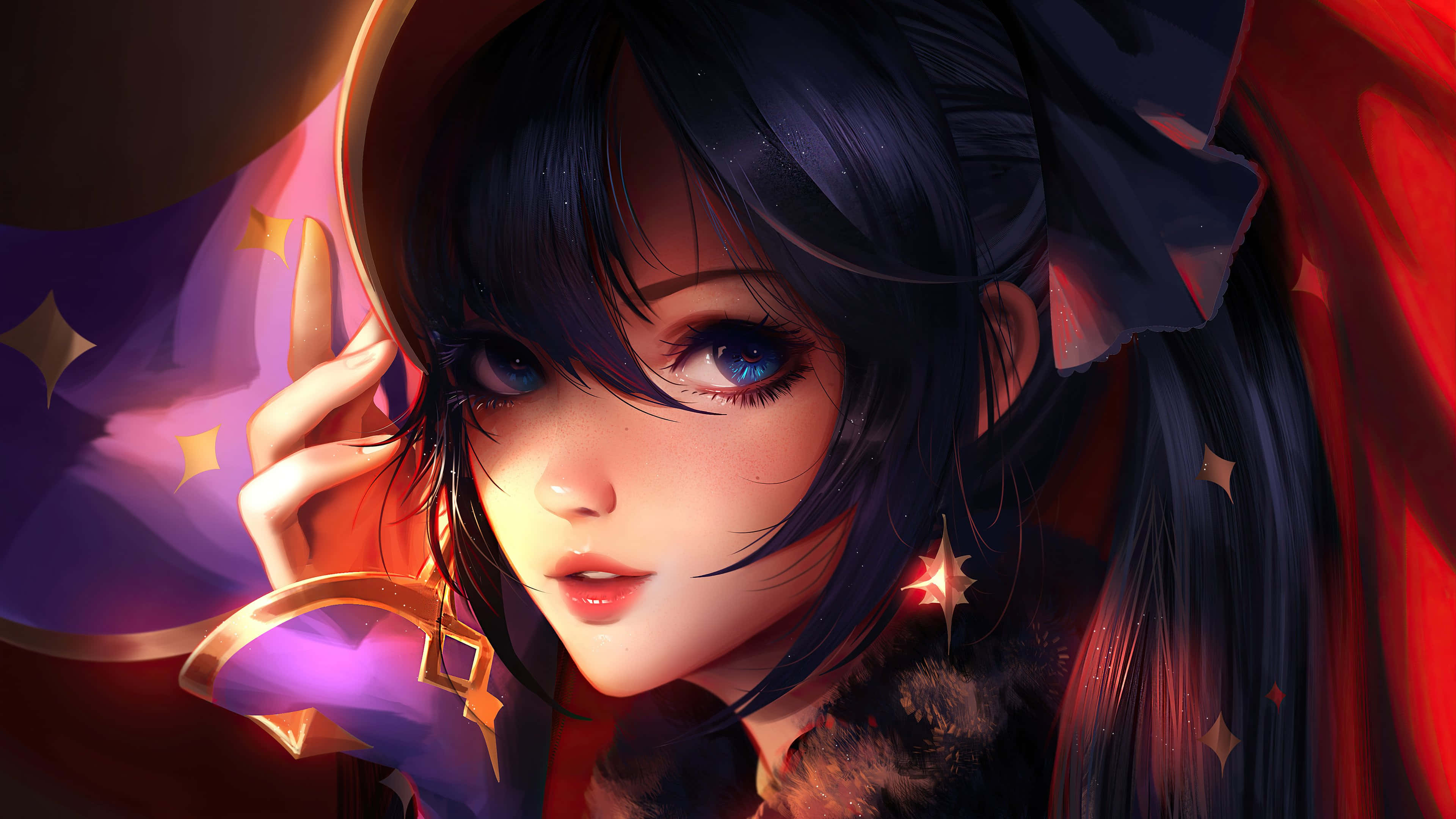 Genshin Impact Mona 桌布 壁紙 — 一個美麗動漫女孩的特寫，藍色眼睛和深色頭髮，穿著紅色斗篷和金色飾品，被閃爍的星星包圍。