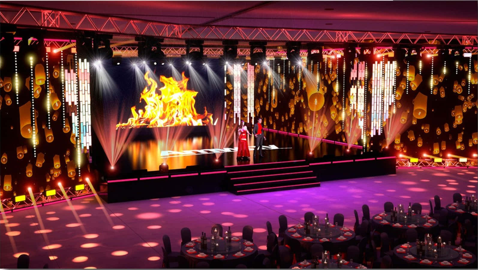 Black Tie Event 桌布 壁紙 — 一個耀眼的婚禮舞台，帶有火熱的數位背景和懸掛的燈籠，照亮了紫色燈光的宴會廳和擺好的桌子。