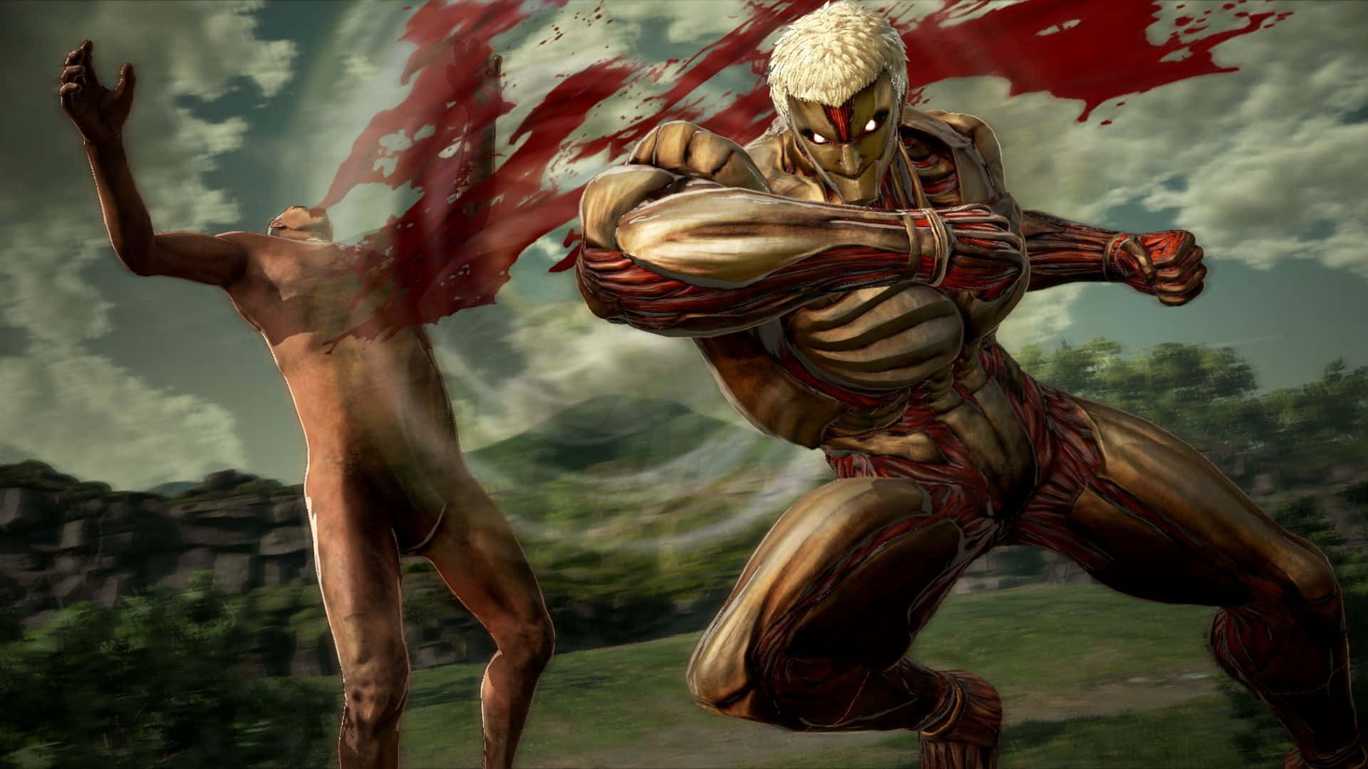 Armored Titan 桌布 壁紙 — 一個肌肉外露、血管紅腫的巨型巨人向前猛衝，血液在岩石景觀上方的多雲天空中飛濺。