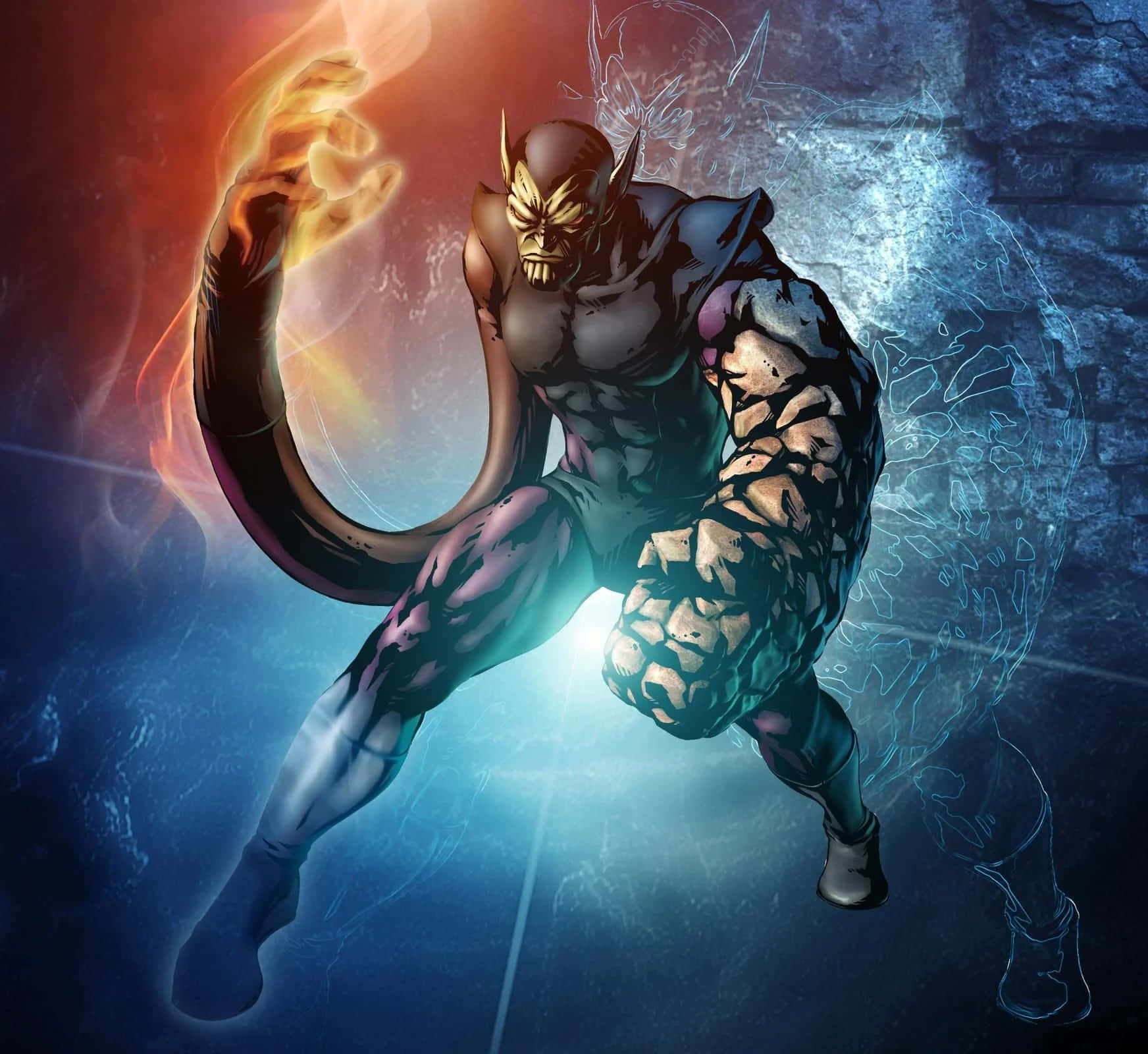 Skrulls 桌布 壁紙 — 一個肌肉發達、像惡魔般的超級英雄，擁有發光的眼睛和火焰尾巴，在深藍色背景上與冰冷的幽靈人物碰撞。