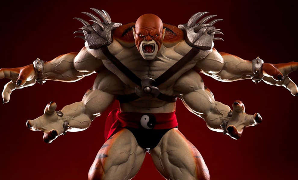 Mortal Kombat Kintaro 桌布 壁紙 — 一個肌肉發達、四臂、有爪、穿著紅色纏腰布的戰士，在深紅色背景下咆哮。