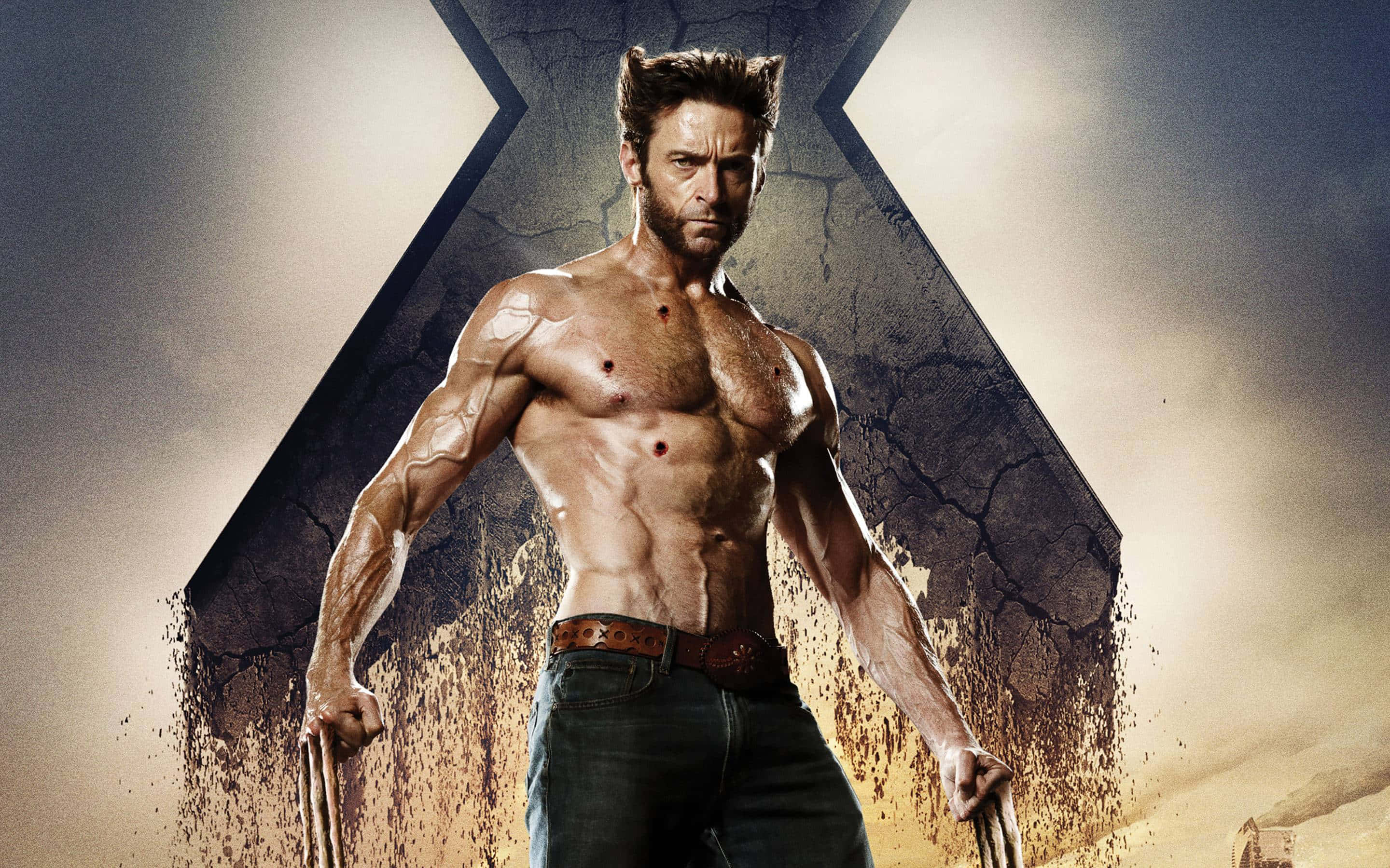 Adamantium 桌布 壁紙 — 一個肌肉發達、帶有爪子和皺眉的男人，在一個骯髒、煙霧彌漫的環境中，挑釁地站在一個破裂的X形標誌前。
