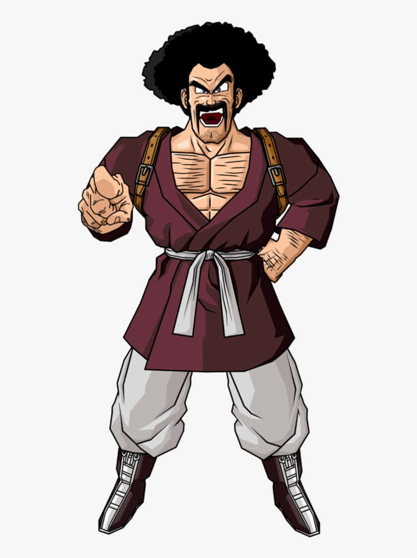 Hercule Satan 桌布 壁紙 — 一個肌肉發達、帶有非洲爆炸頭髮型的動漫戰士，在戰鬥姿勢中緊握拳頭，兇猛地咆哮。