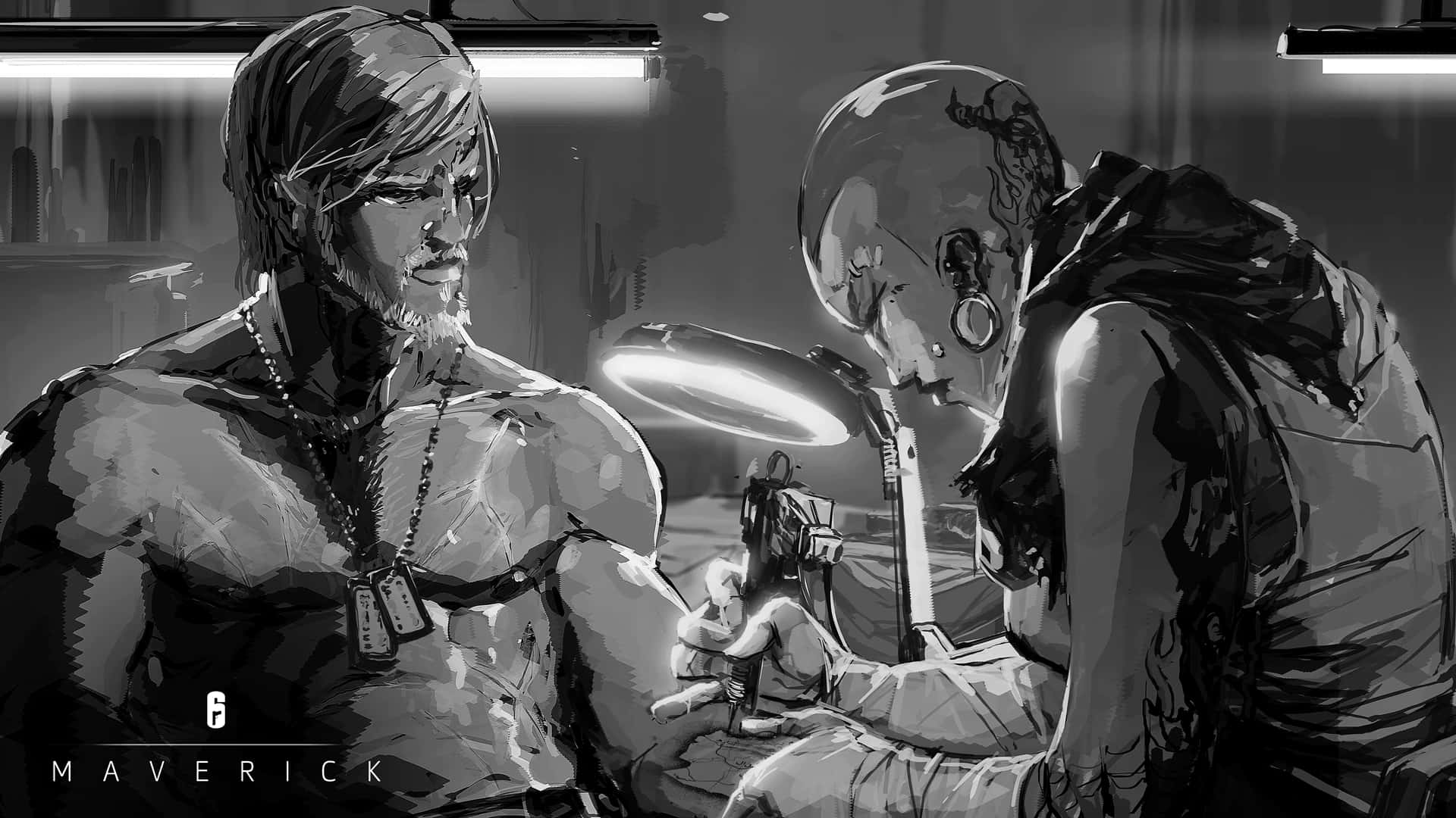 Rainbow Six Siege Maverick 桌布 壁紙 — 一個肌肉發達、戴著狗牌的男人坐在一個光頭、穿著連帽外套的人物旁邊，在昏暗的房間裡，頭頂是刺眼的螢光燈。