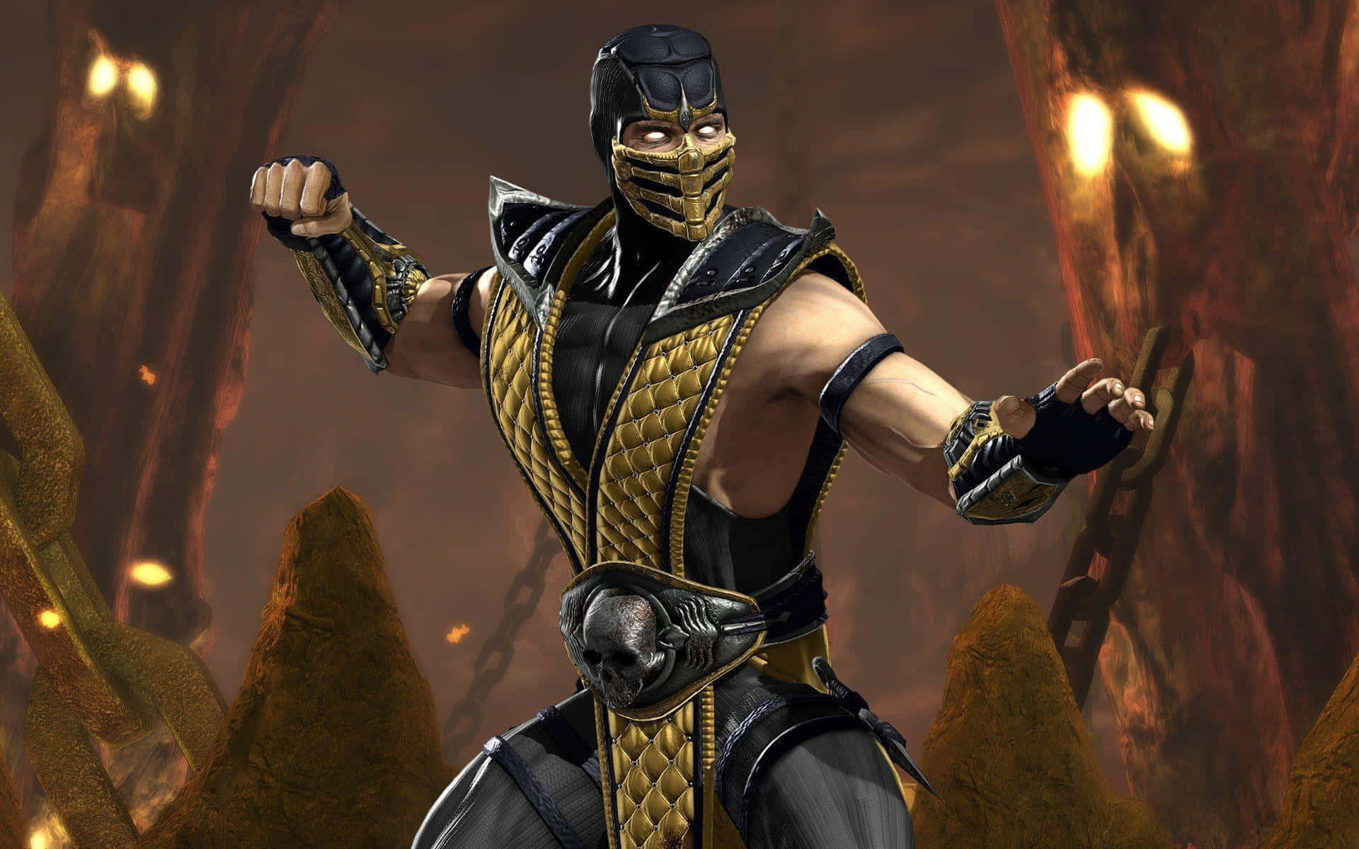 Mortal Kombat Characters 桌布 壁紙 — 一個肌肉發達、戴著面具的戰士，身穿黑色和金色的盔甲，在一個熾熱的洞穴般的地牢中以戰鬥姿勢站立。