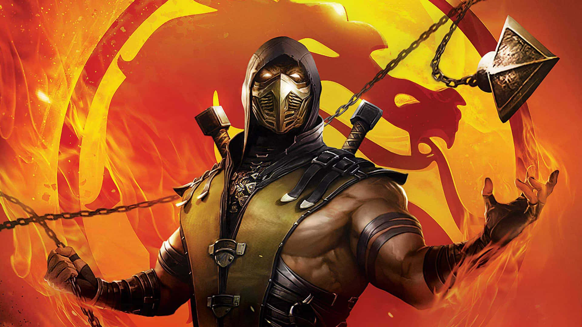 Mortal Kombat 角色 Scorpion 以火焰戰鬥姿勢手持鎖鏈武器。 — 真人快打 壁紙