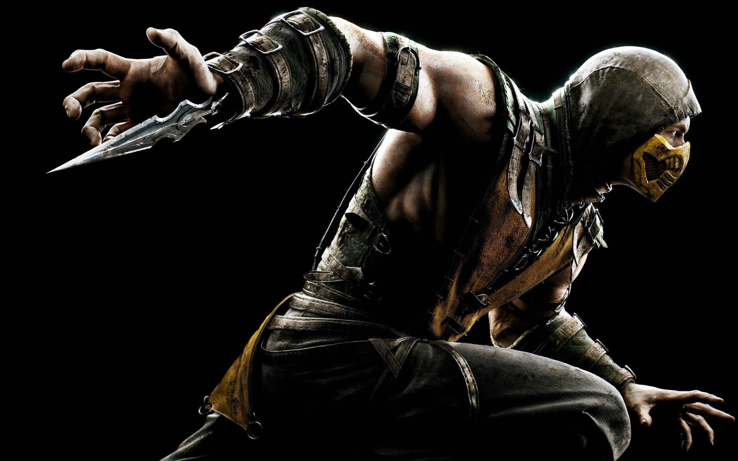 Mortal Kombat X 桌布 壁紙 — 一個肌肉發達、戴著面具的戰士身穿黑色盔甲，蹲伏在黑色背景前，準備用閃亮的匕首發動攻擊。