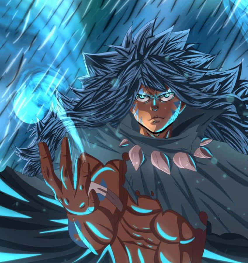Acnologia 桌布 壁紙 — 一個肌肉發達、擁有尖刺藍色頭髮的動漫戰士，在暴風雨交加的戰鬥場景中引導發光的藍色能量。