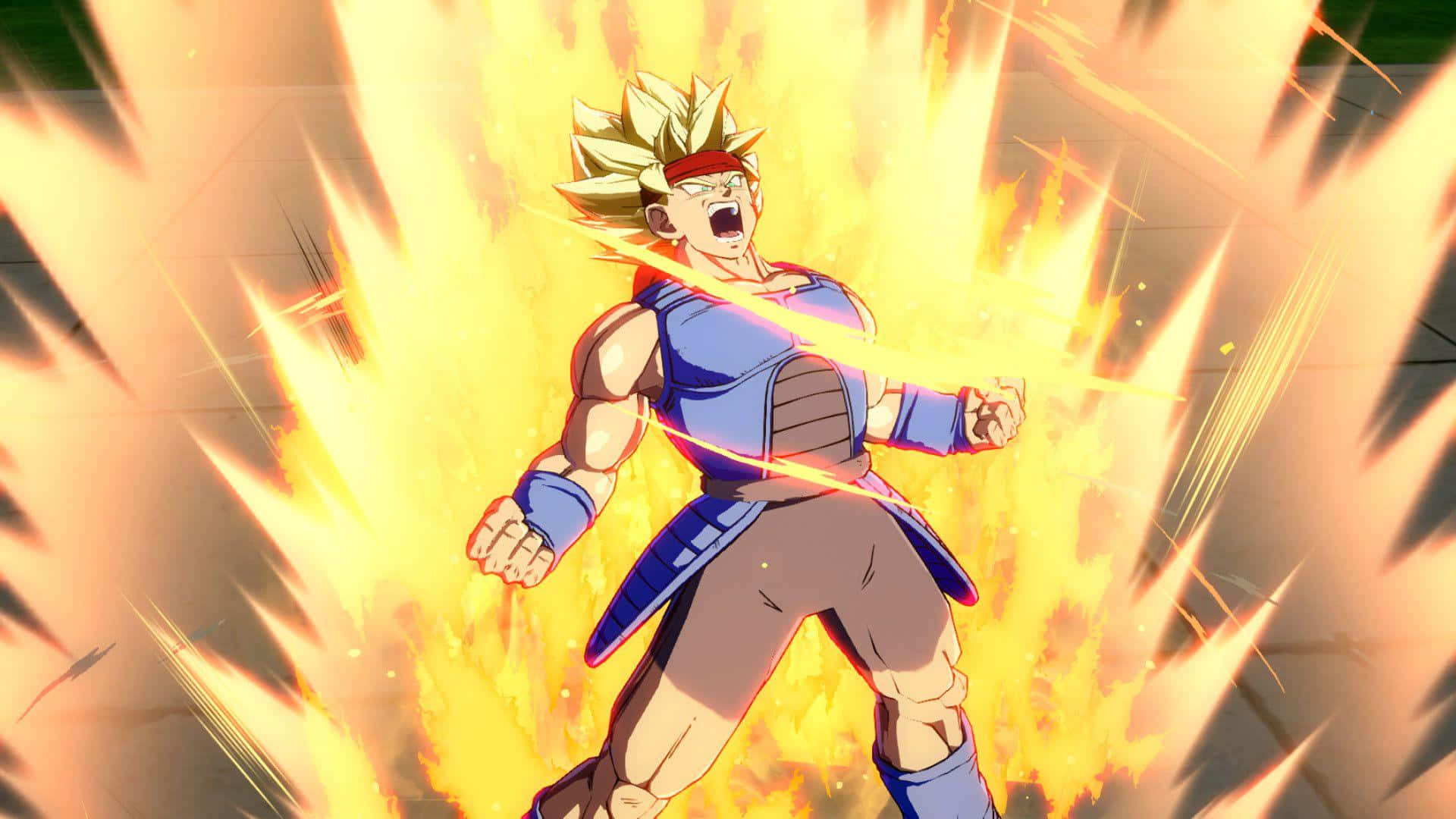 Dragon Ball Legends 桌布 壁紙 — 一個肌肉發達、擁有尖刺金髮的動漫戰士在爆炸性的金色能量光束包圍下咆哮。