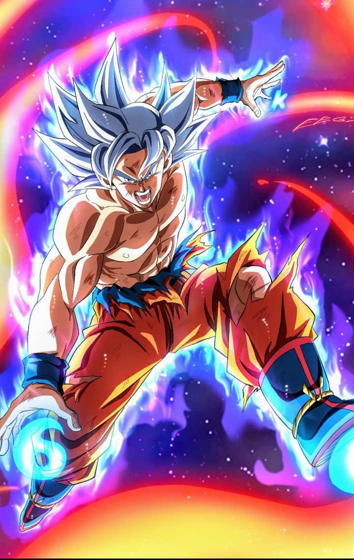 Goku Kaioken 桌布 壁紙 — 一個肌肉發達、擁有尖刺銀色頭髮的動漫戰士，在宇宙星空背景下釋放出發光的能量爆炸。