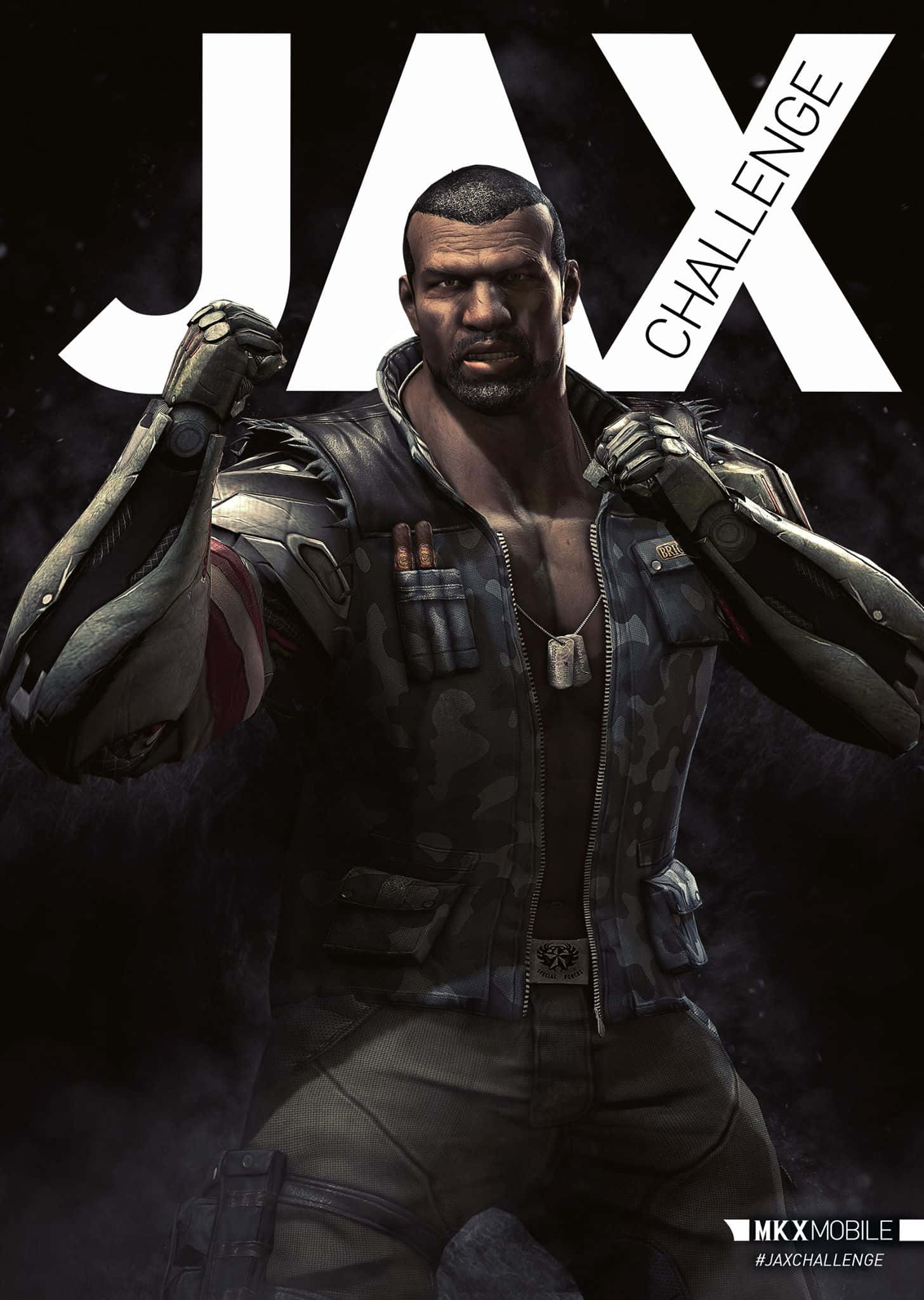 Mortal Kombat Jax 桌布 壁紙 — 一個肌肉發達、擁有機械臂的男人在黑暗星空背景下，帶有粗體白色 'JAX CHALLENGE' 文字，挑釁地彎曲手臂。