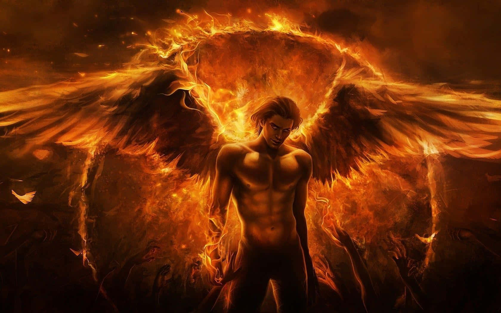 3d Fire 桌布 壁紙 — 一個肌肉發達、擁有火焰翅膀的天使站在火焰中，陰影般的手從下方伸出。