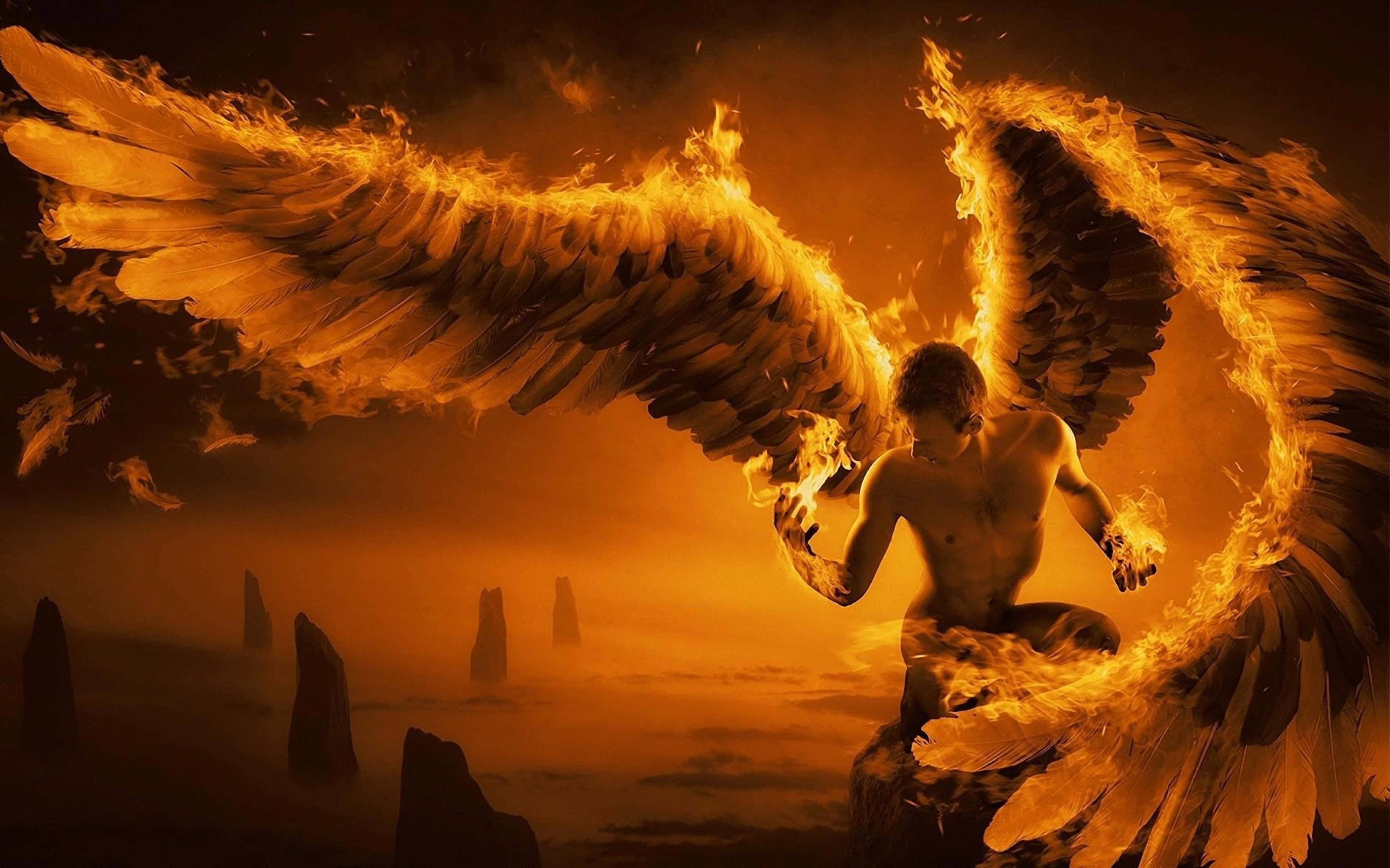 angels 桌布 壁紙 — 一個肌肉發達、擁有火焰翅膀的天使跪在岩石露頭上，背景是熾熱的橙色天空和遠處的石柱。