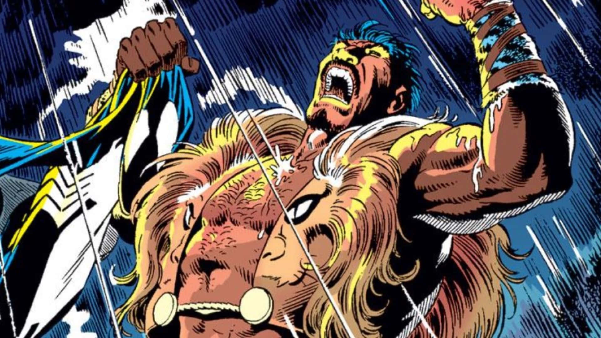 Kraven The Hunter 桌布 壁紙 — 一個肌肉發達、擁有獅子頭的超级英雄，在暴風雨般的藍色背景上，伴隨著動態的白色條紋，兇猛地咆哮。