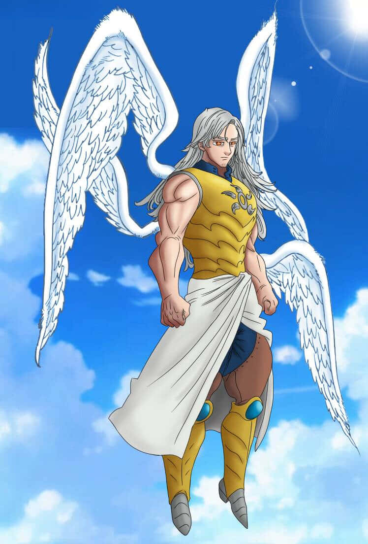 Seven Deadly Sins Mael 桌布 壁紙 — 一個肌肉發達、擁有白色翅膀和銀色頭髮的天使，在藍天白雲中漂浮。