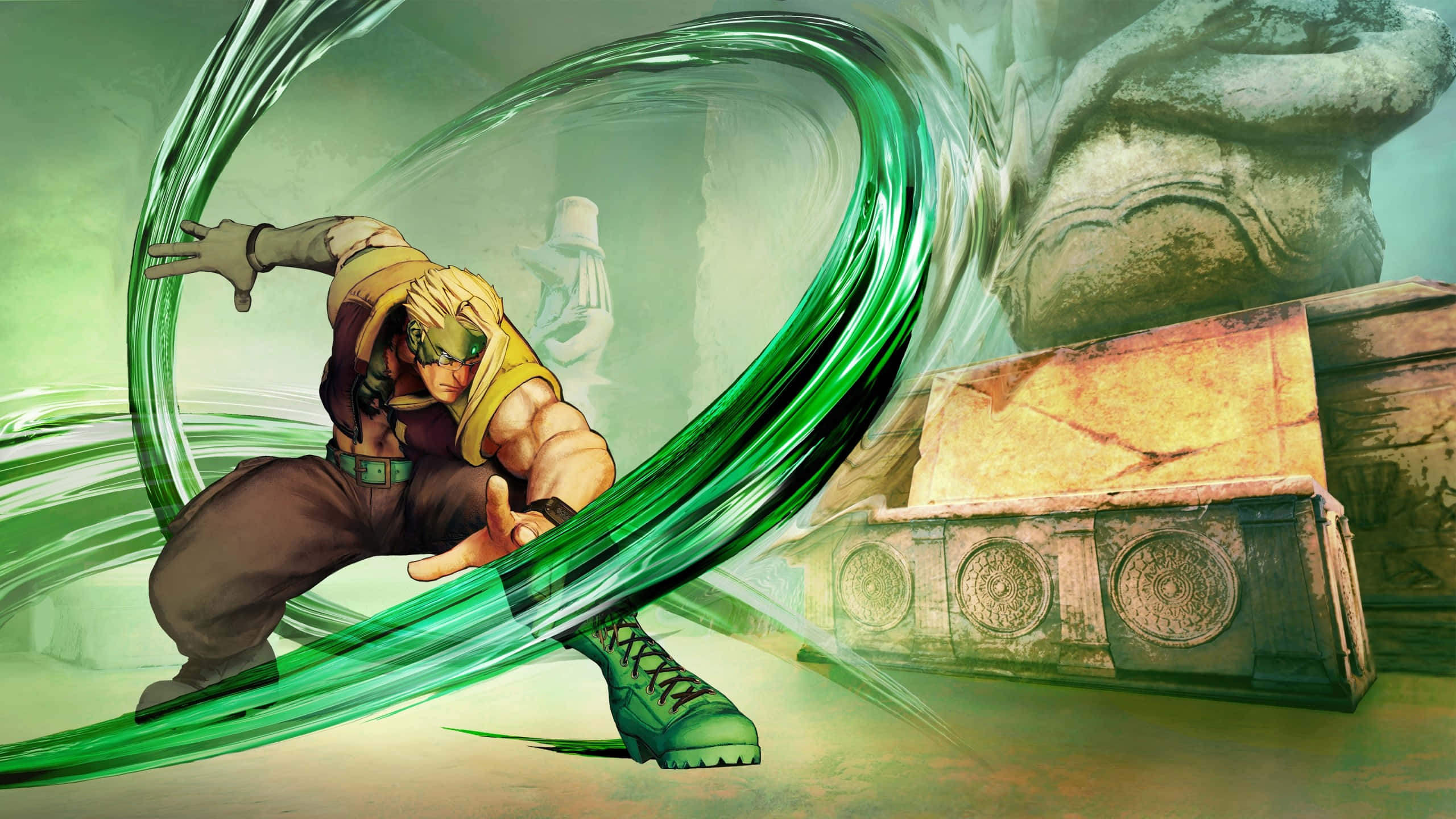 Street Fighter Characters 桌布 壁紙 — 一個肌肉發達、擁有綠色眼睛的戰士，在一個類似寺廟的環境中，引導著旋轉的綠色能量環，周圍是古老的石頭廢墟。