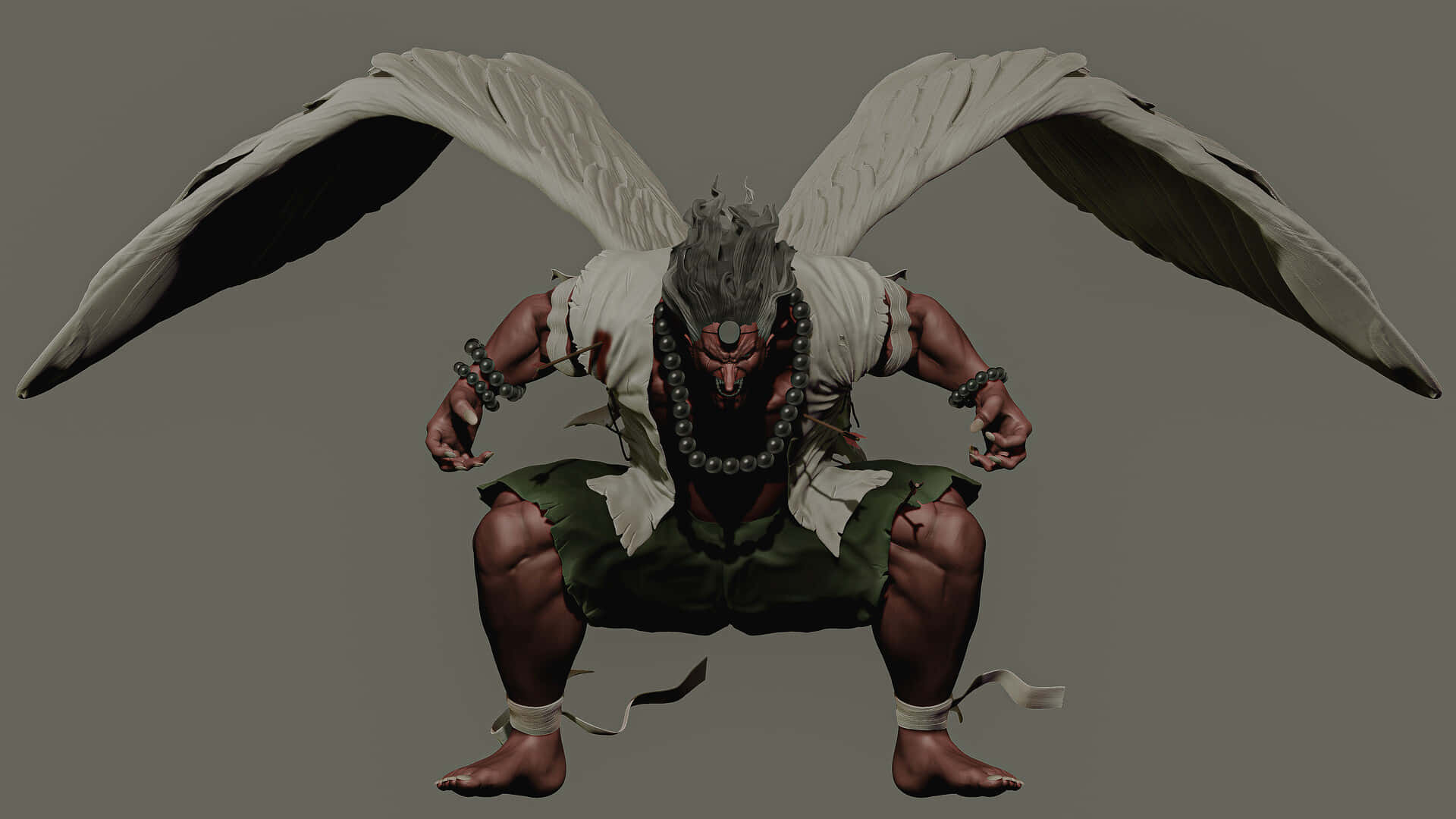 Tengu 桌布 壁紙 — 一個肌肉發達、有灰色頭髮和珠鏈的帶翼惡魔，以威脅姿態蹲在純灰色背景前。