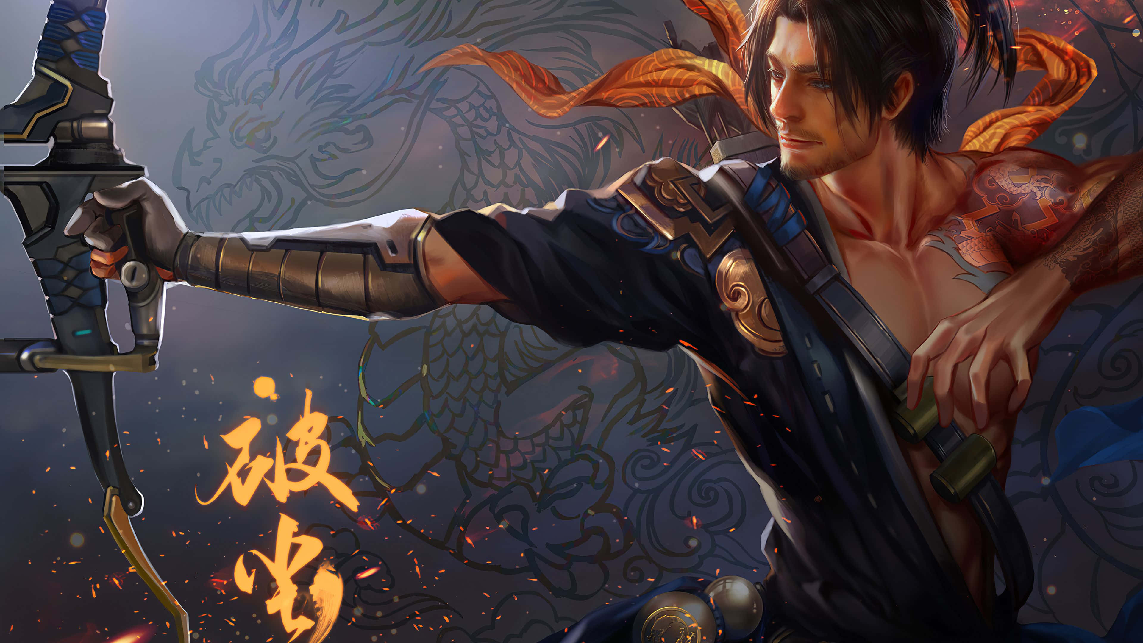 Overwatch Hanzo 桌布 壁紙 — 一個肌肉發達、有紋身的戰士，在龍主題背景和熾熱火花中拔出發光的劍。