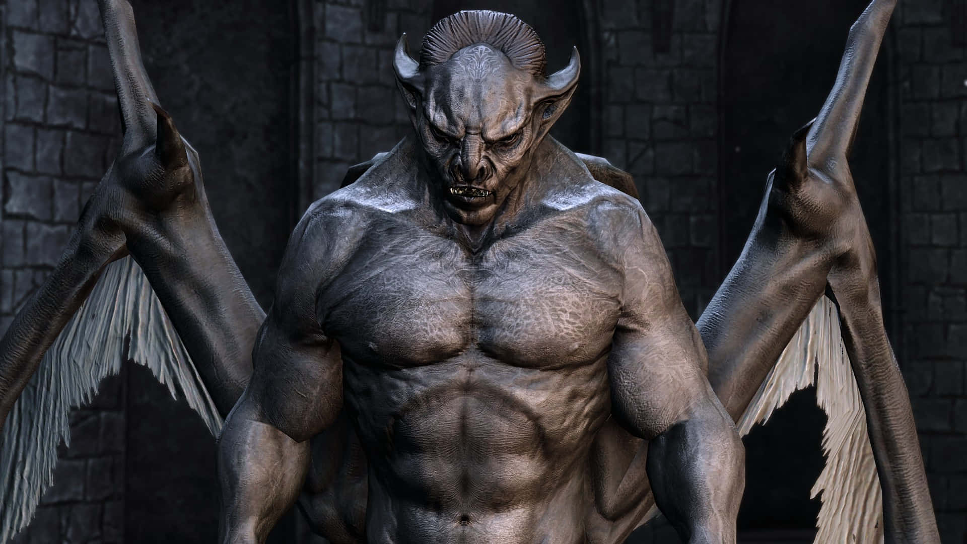 Vampire Lord 桌布 壁紙 — 一個肌肉發達、有角及大翅膀的惡魔雕像聳立在石牆前。