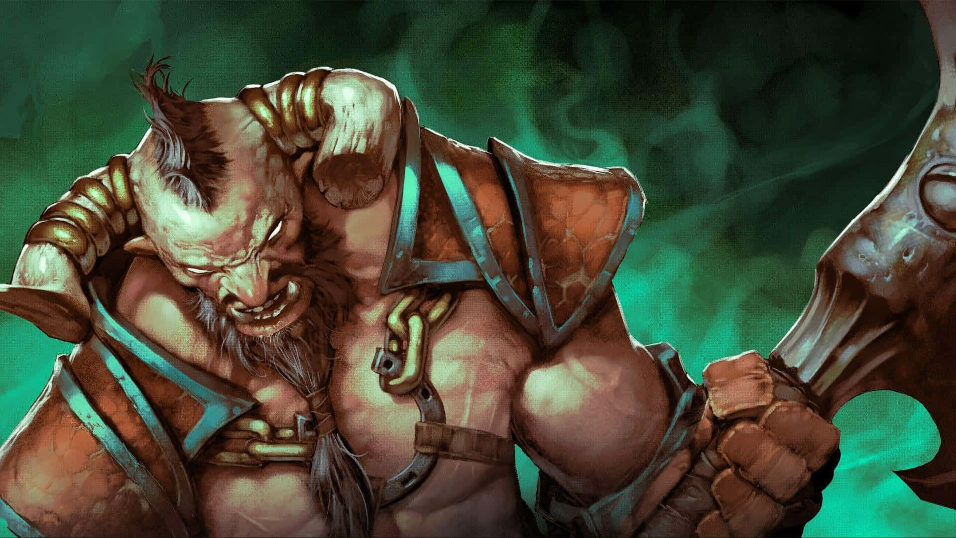 Legion Commander 桌布 壁紙 — 一個肌肉發達、有角和鬍鬚的惡魔戰士，在旋轉的綠色迷霧背景下握著一把巨大的斧頭。
