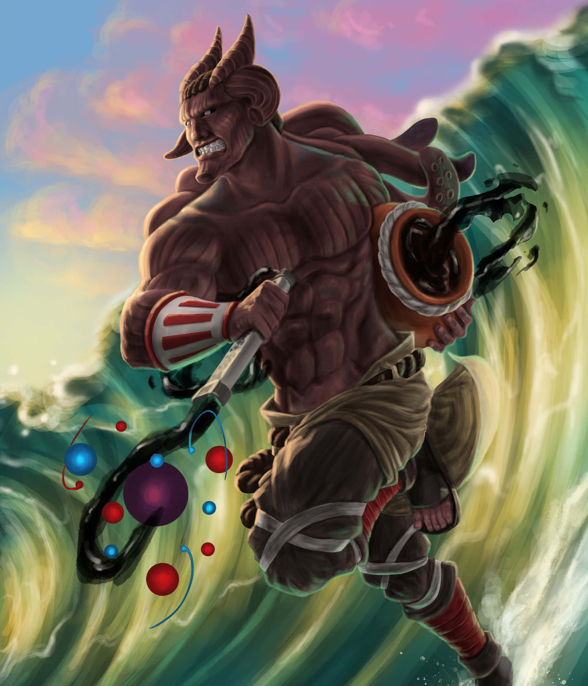 Gyuki 桌布 壁紙 — 一個肌肉發達、有角的惡魔在粉彩天空下，於旋轉的綠色波浪中揮舞著法杖。