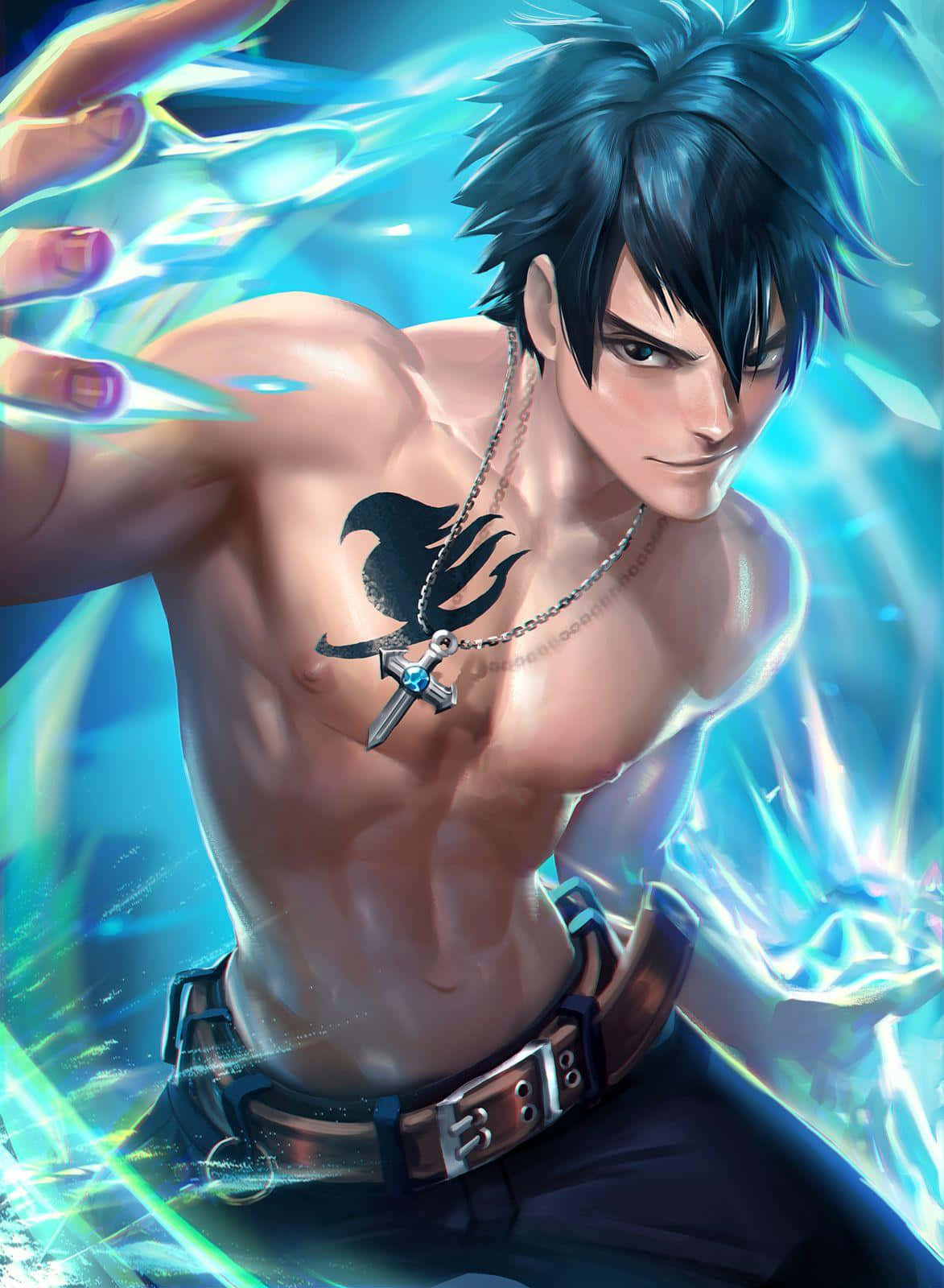 Gray Fullbuster 桌布 壁紙 — 一個肌肉發達、深色頭髮的動漫男子，以強烈的專注和堅定的表情引導發光的藍色能量。