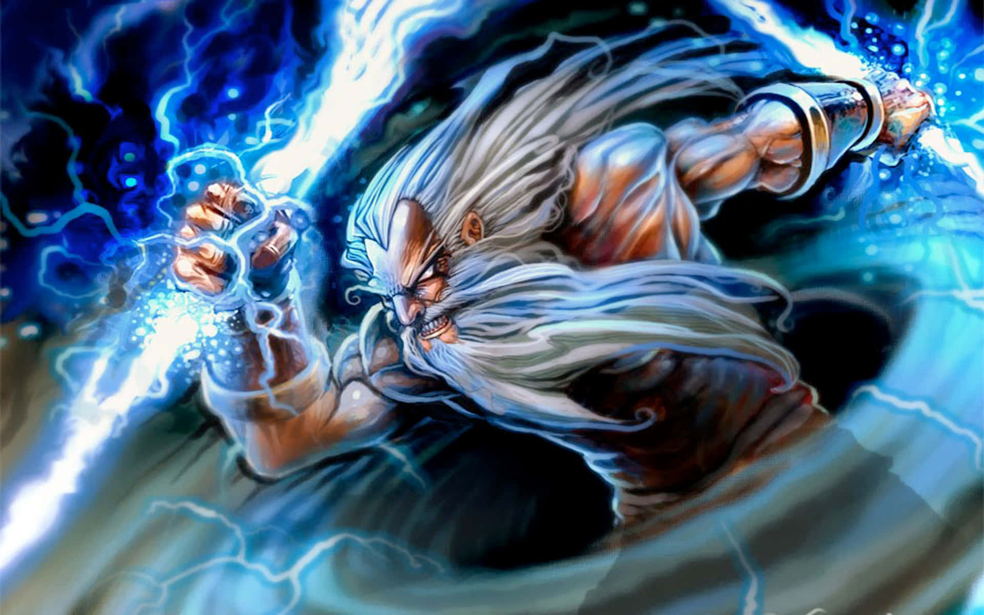 Dota 2 Zeus 桌布 壁紙 — 一個肌肉發達、留著白鬍子的戰士，在黑暗旋轉的背景前，從緊握的拳頭中釋放出噼啪作響的藍色閃電。