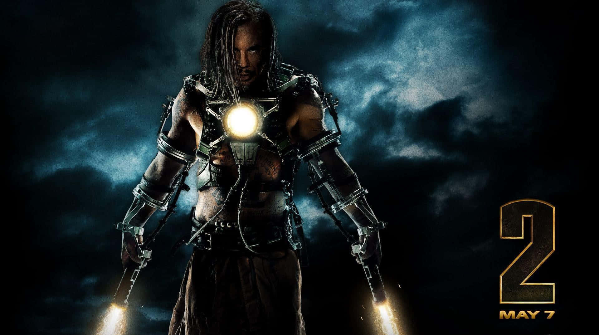 Iron Man Movies 桌布 壁紙 — 一個肌肉發達、留著辮子的男人，在黑暗暴風雨的天空下穿著發光的機械裝甲。