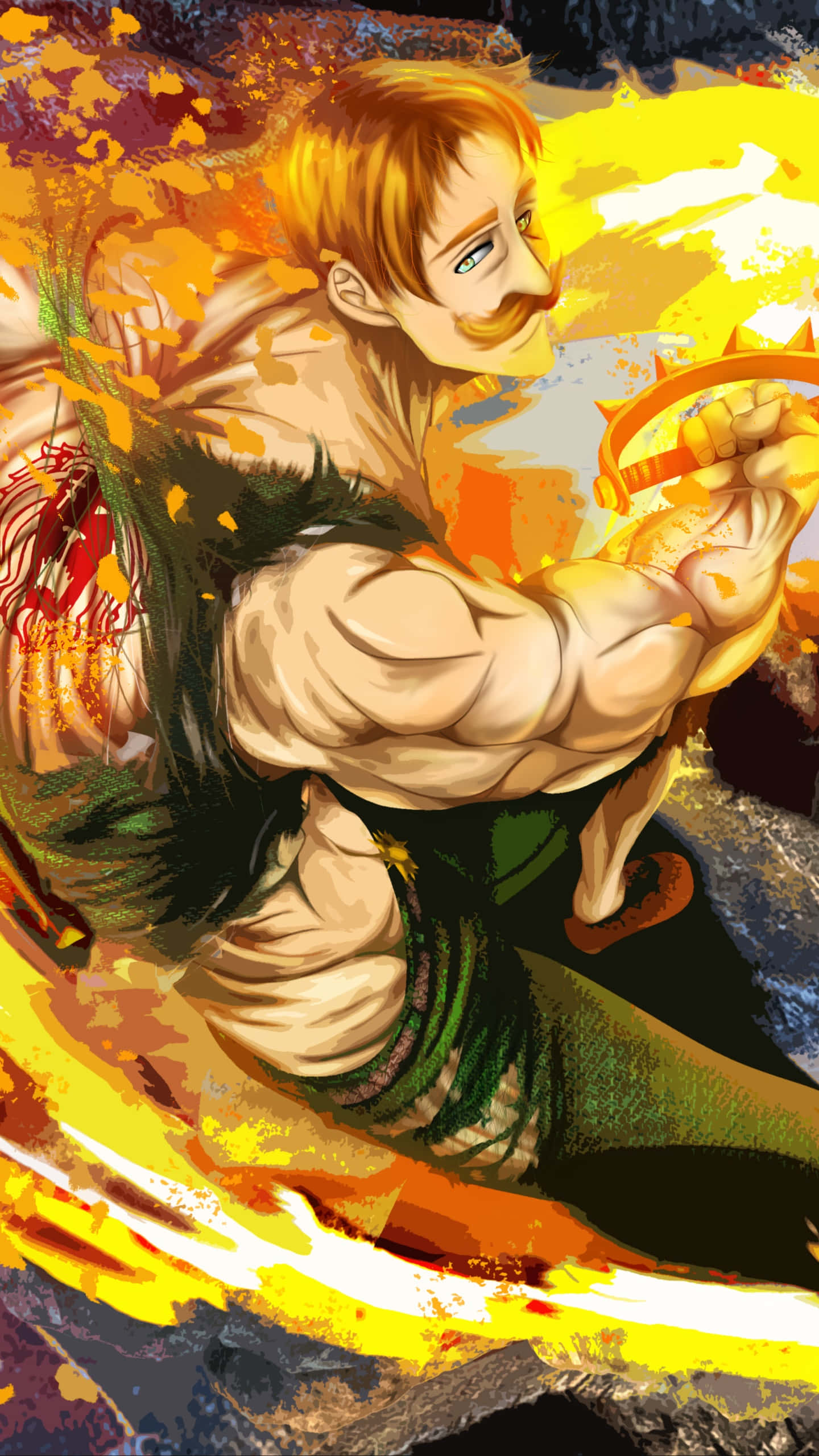 The Seven Deadly Sins 桌布 壁紙 — 一個肌肉發達、留著鬍子的動漫男子，在熾熱的橙色和黃色能量爆發中揮舞著發光的劍。