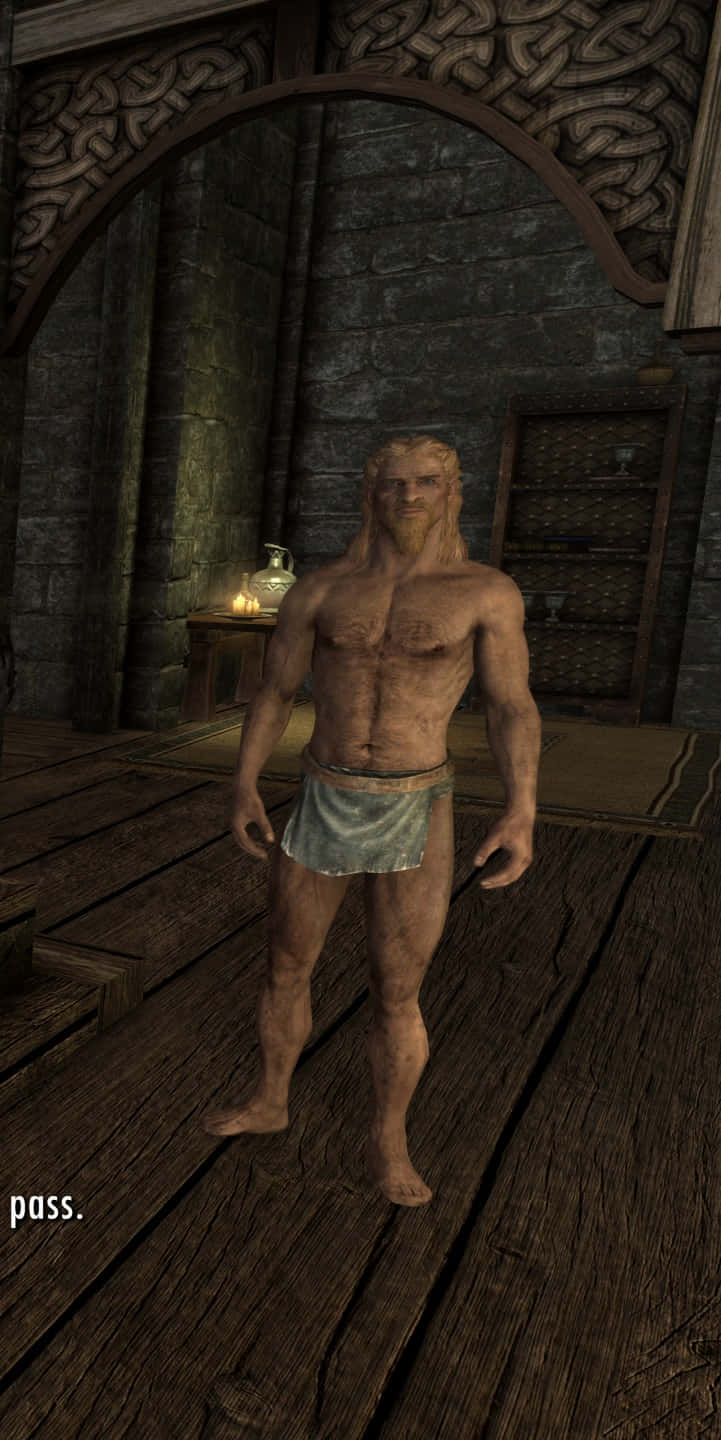 Jarl Balgruuf 桌布 壁紙 — 一個肌肉發達、留鬍子的男人穿著纏腰布，赤腳站在木板上，身處一個光線昏暗的石室，內有凱爾特結飾拱門。