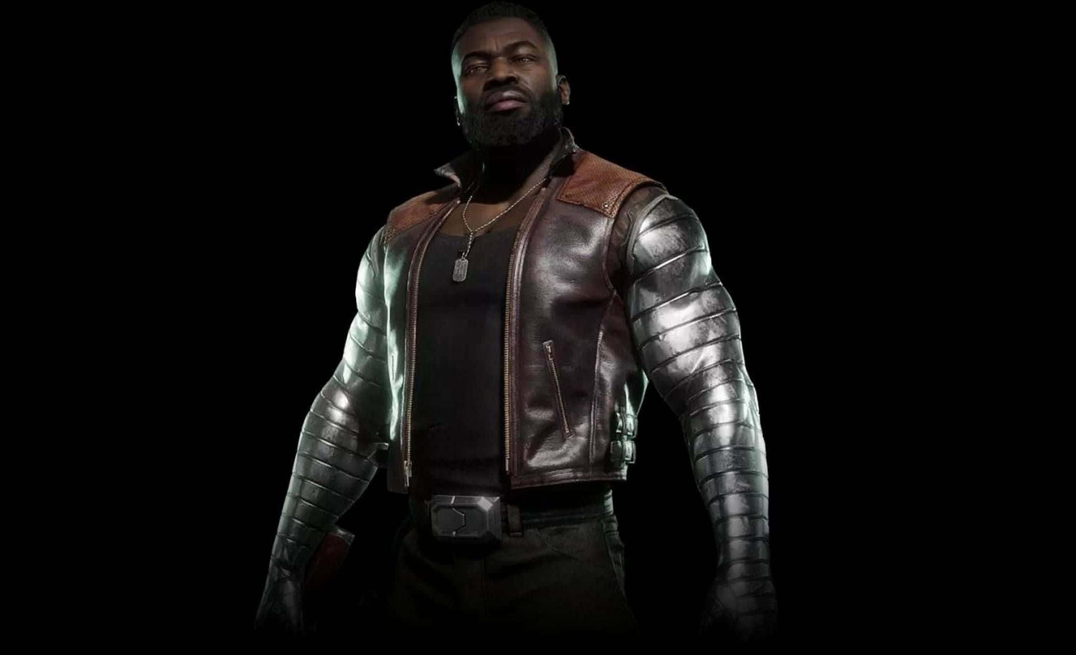 Mortal Kombat Jax 桌布 壁紙 — 一個肌肉發達、留鬍鬚的男人，在黑色背景前穿著皮革外套，內有裝甲袖。
