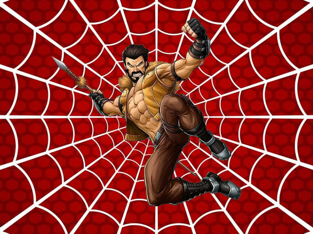 Kraven The Hunter 桌布 壁紙 — 一個肌肉發達、留鬍鬚的男人穿著棕色盔甲，在鮮紅色網紋背景上動態跳躍。