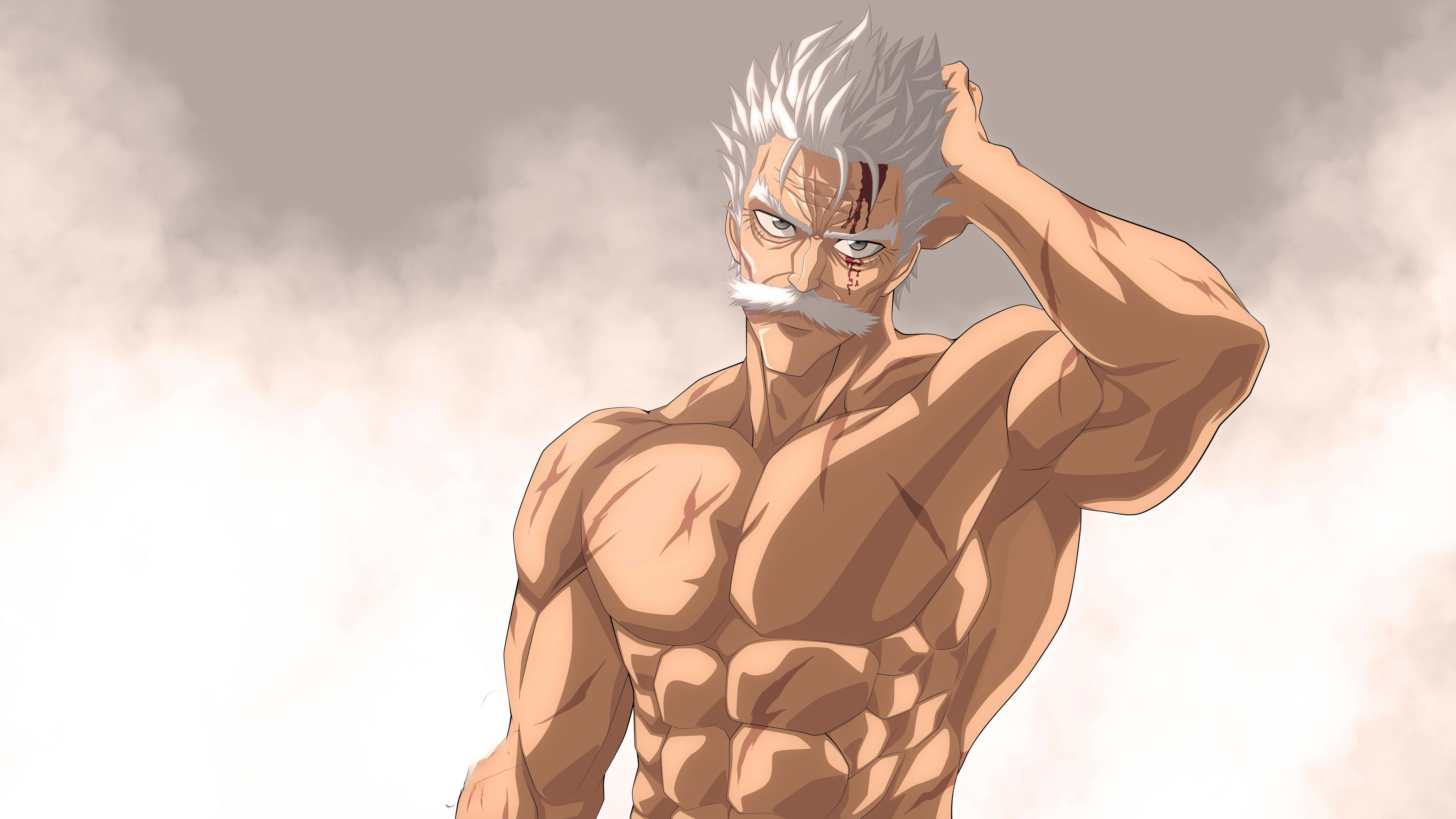 Silverfang 桌布 壁紙 — 一個肌肉發達、白髮、臉上帶疤痕的動漫戰士，在煙霧繚繞的背景中挑釁地站立。