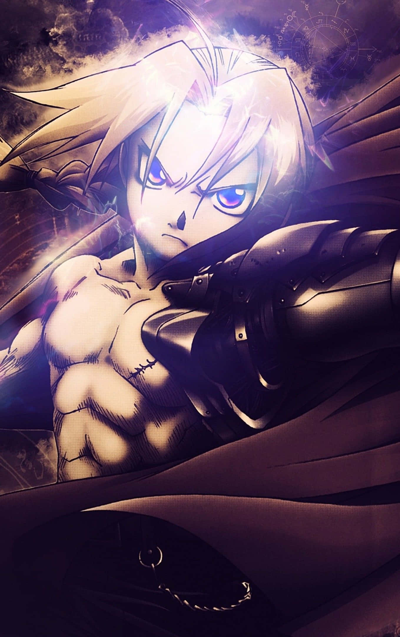edward elric 桌布 壁紙 — 一個肌肉發達、白髮藍眼、目光銳利的動漫戰士，手持未來武器，背景是暴風雨中的紫色天空。