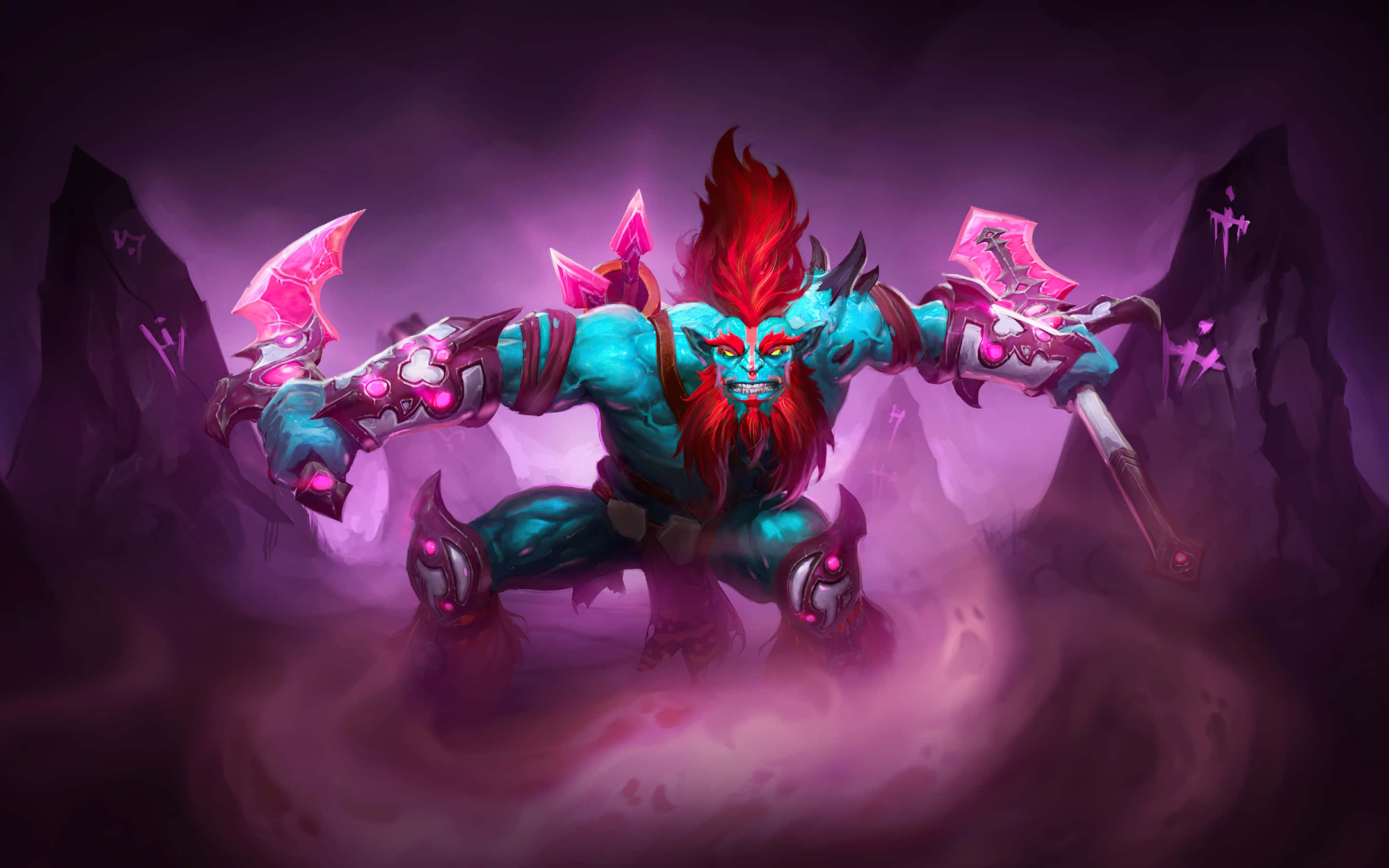 Dota 2 Heroes 桌布 壁紙 — 一個肌肉發達、皮膚青綠、紅髮的惡魔在紫色迷霧廢墟中揮舞著發光的粉紅色斧頭。