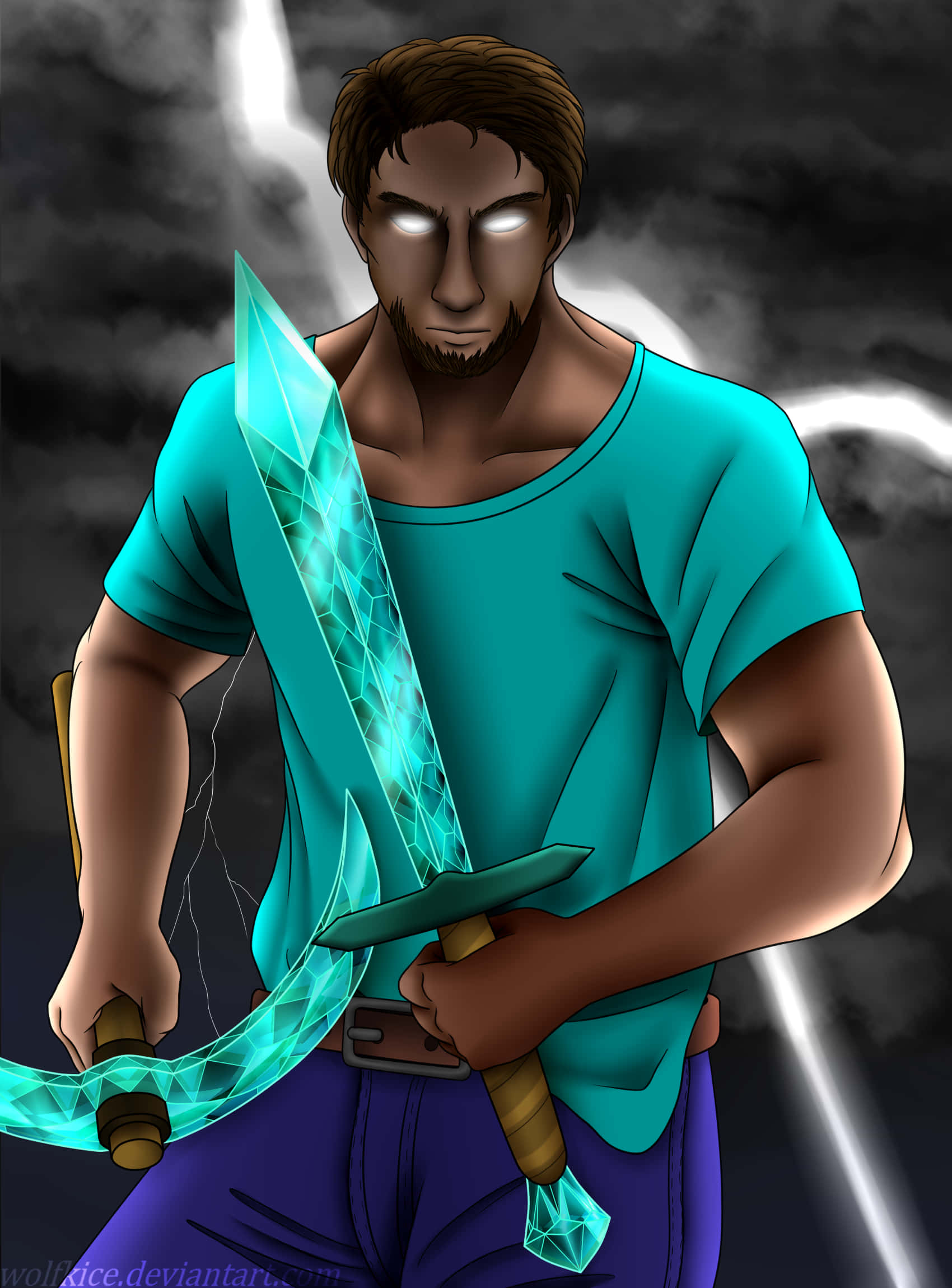 Herobrine 桌布 壁紙 — 一個肌肉發達、眼睛發光的男人，在暴風雨的天空背景下揮舞著一把發光的青色劍。