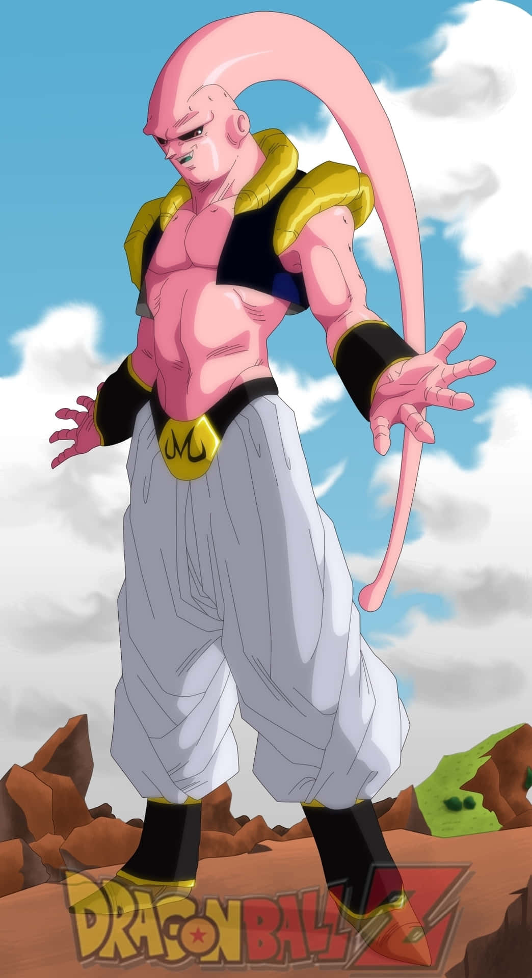 Buu 桌布 壁紙 — 一個肌肉發達、粉紅色皮膚、長尾巴的動漫角色自信地站在多雲天空下的岩石地形上。