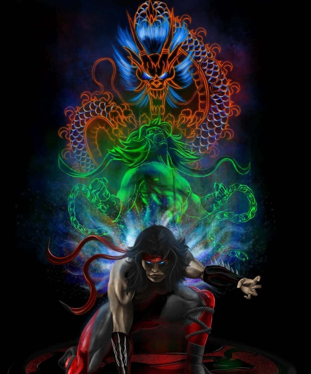 Mortal Kombat Liu Kang 桌布 壁紙 — 一個肌肉發達、紅眼黑髮飄逸的戰士，跪在一條帶有綠色鎖鏈的發光藍橙色巨龍面前。