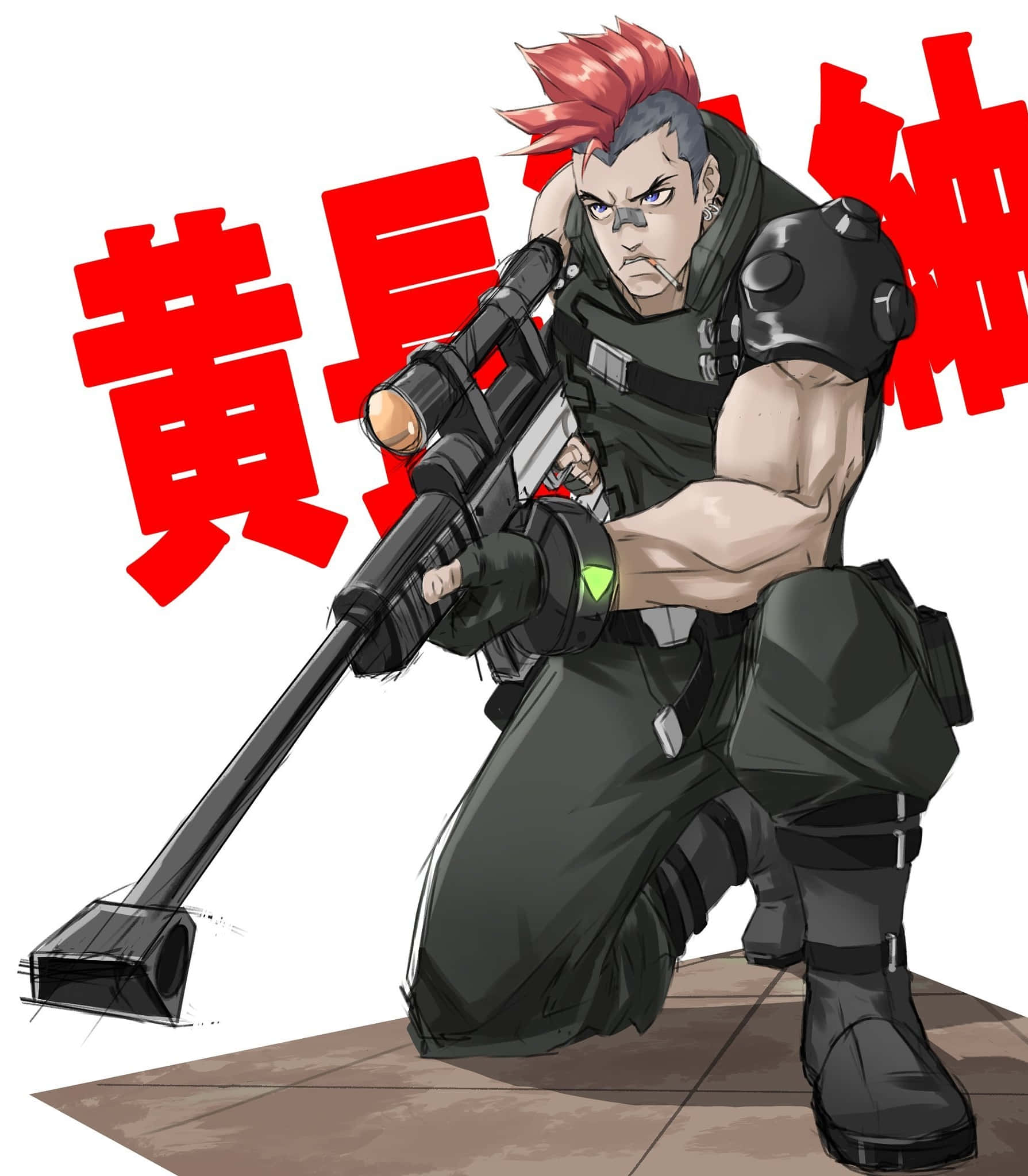 Tsumugu Kinagase 桌布 壁紙 — 一個肌肉發達、紅色刺蝟頭的動漫士兵跪著瞄準狙擊步槍，背景為白色，帶有粗體紅色中文字。