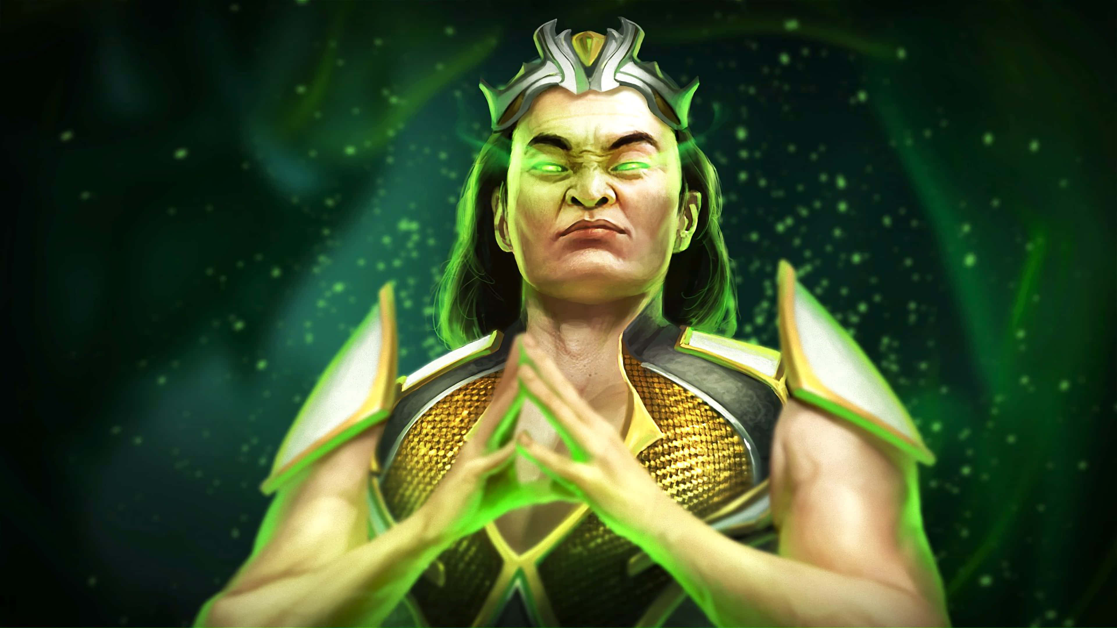 Mortal Kombat Shang Tsung 桌布 壁紙 — 一個肌肉發達、綠色皮膚的戰士，雙眼發光，身穿華麗盔甲，站在神秘的綠色光環中，雙手合十擺出強有力的姿勢。