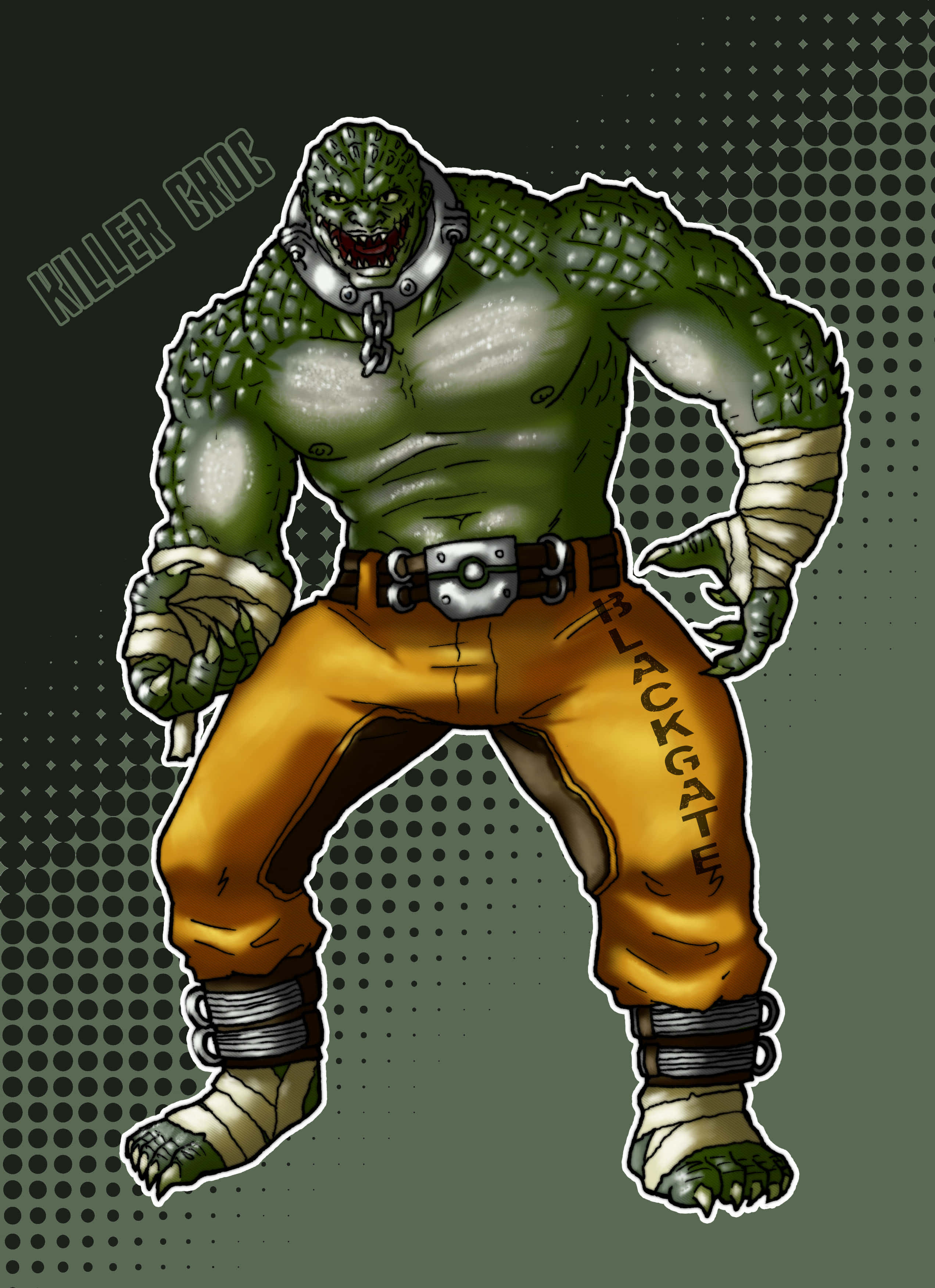 Killer Croc 桌布 壁紙 — 一個肌肉發達、綠色皮膚的殺手鱷魚以動態姿勢站在深色半色調背景前，顯得威風凜凜。