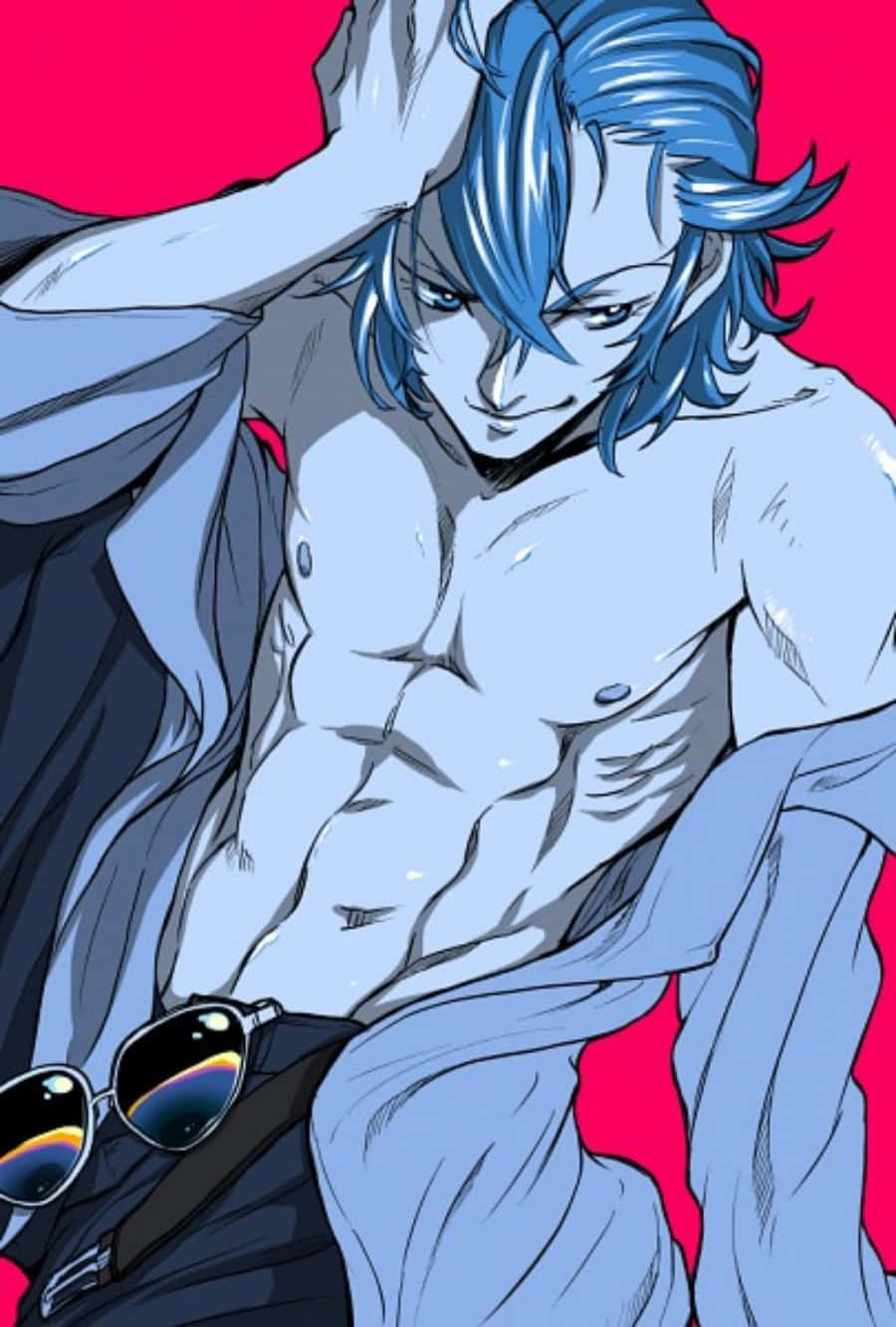 Aikuro Mikisugi 桌布 壁紙 — 一個肌肉發達、藍色頭髮的動漫男子，帶著自信的笑容，赤裸上身，在鮮紅色的背景前擺姿勢。