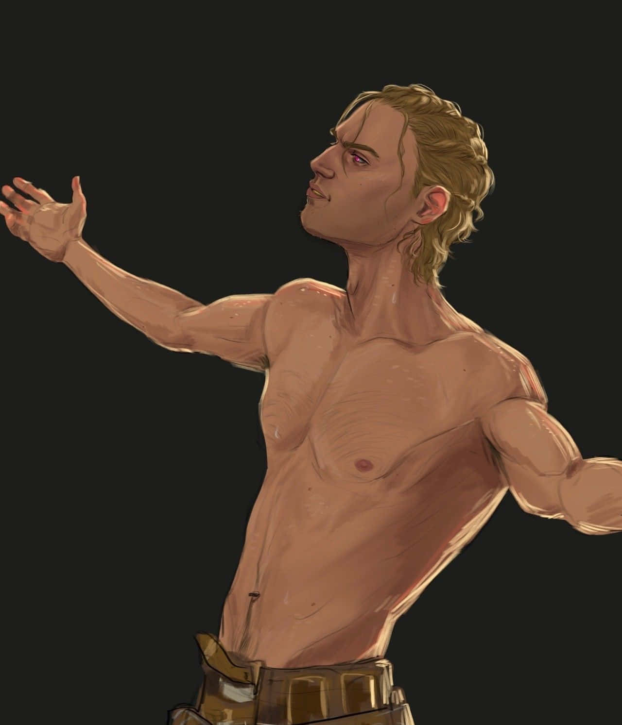 Heimdall 桌布 壁紙 — 一個肌肉發達、赤膊的金髮紅眼男子，在黑暗背景下以動態姿勢伸展雙臂。