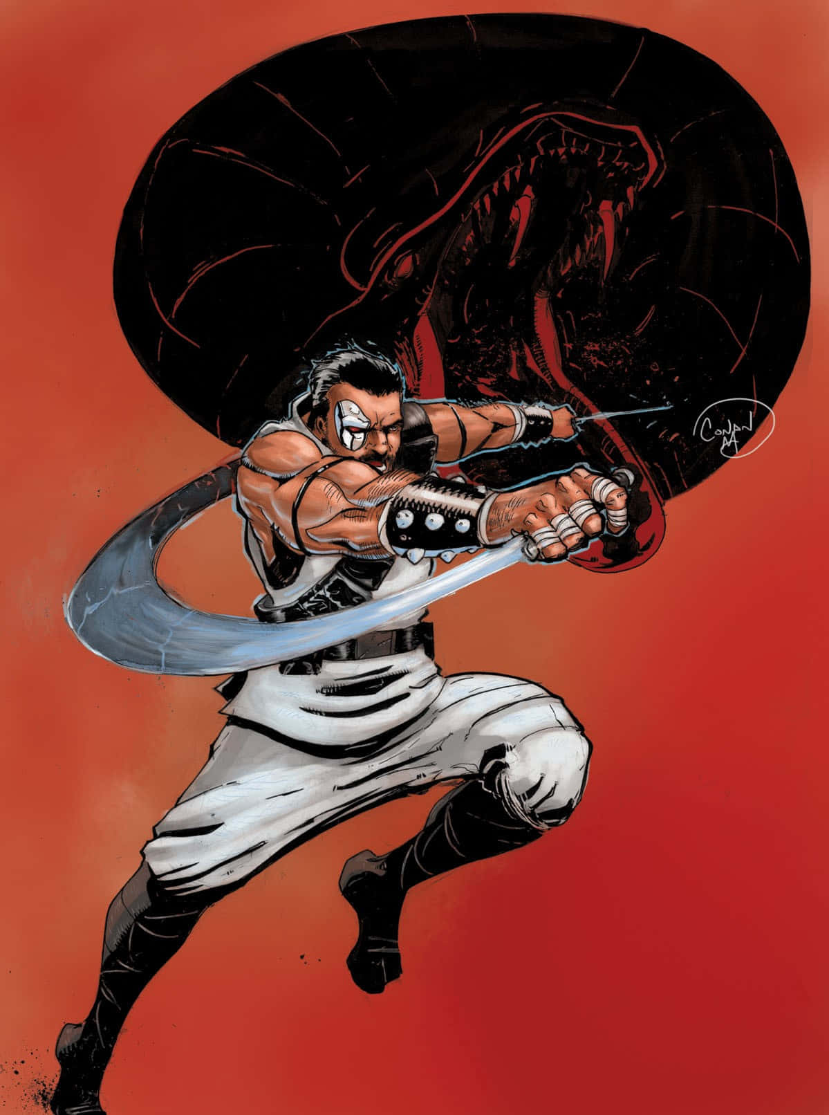 Mortal Kombat Kano 桌布 壁紙 — 一個肌肉發達、身穿白色盔甲的戰士，在熾熱的紅色背景中，用發光的劍斬向一條巨大的黑色蛇怪。