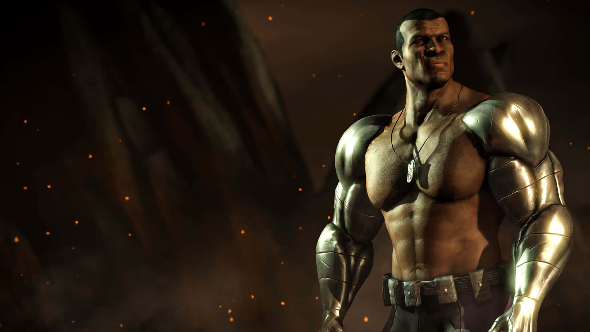 Mortal Kombat Jax 桌布 壁紙 — 一個肌肉發達、身穿盔甲的戰士站在煙霧瀰漫、火焰熊熊的環境中，發光的餘燼在他周圍飄浮。
